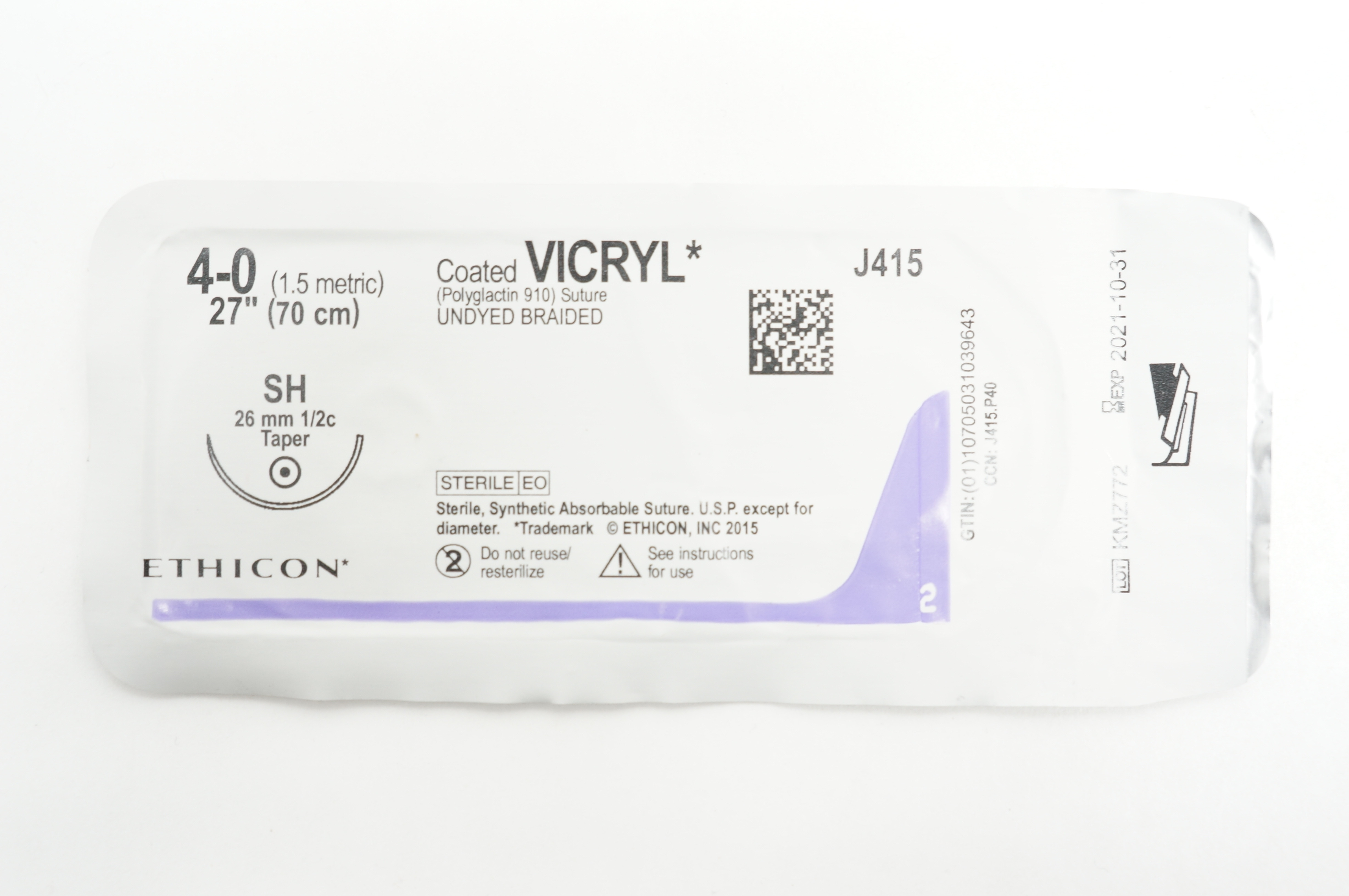 Ethicon J415 4-0 Coated VICRYL SH 26mm 1/2c Taper, 27inch