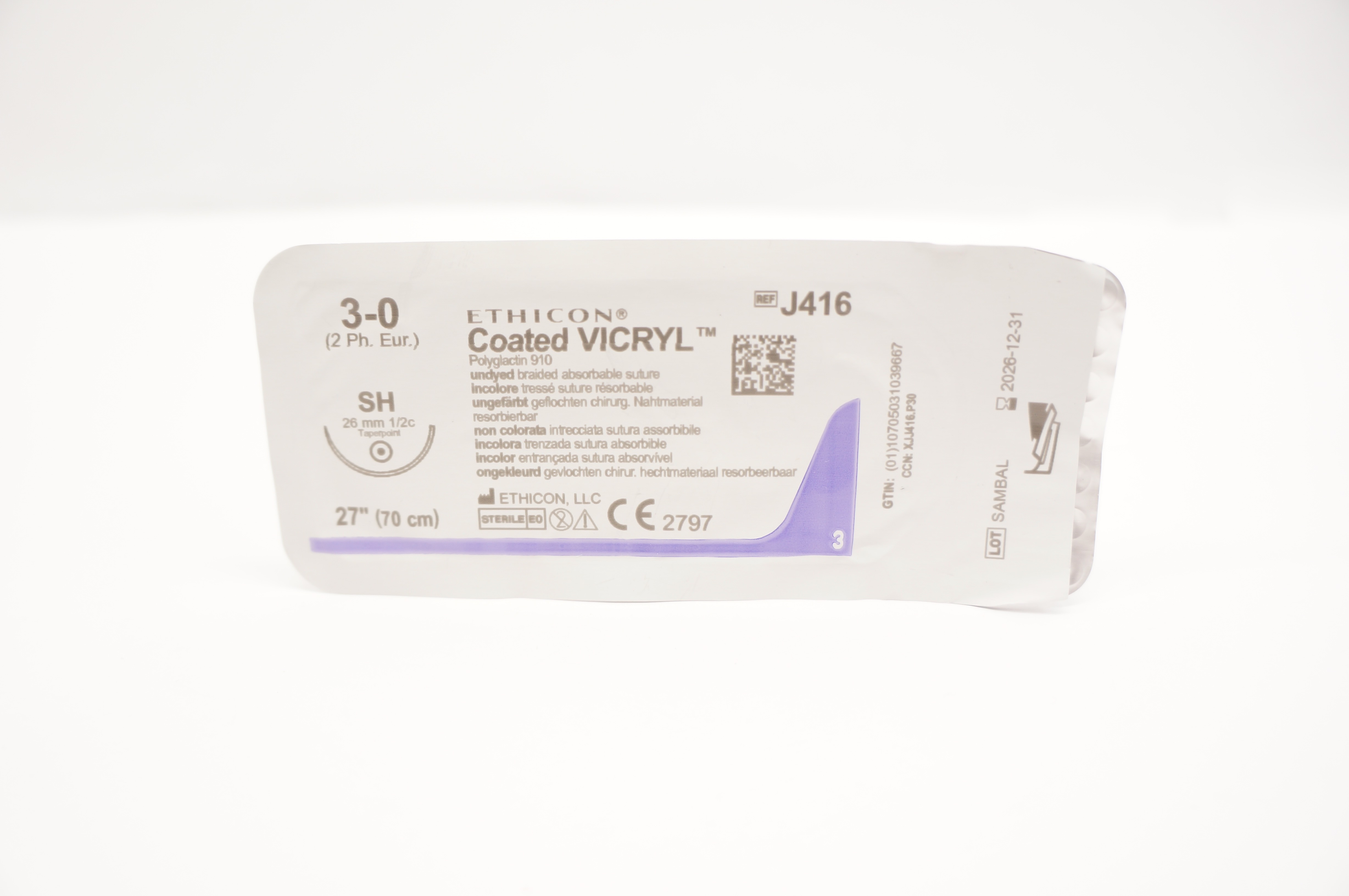 Ethicon J416 3-0 Coated VICRYL Polyglactin Stre SH 26mm 1/2c Taperpoint, 27inch