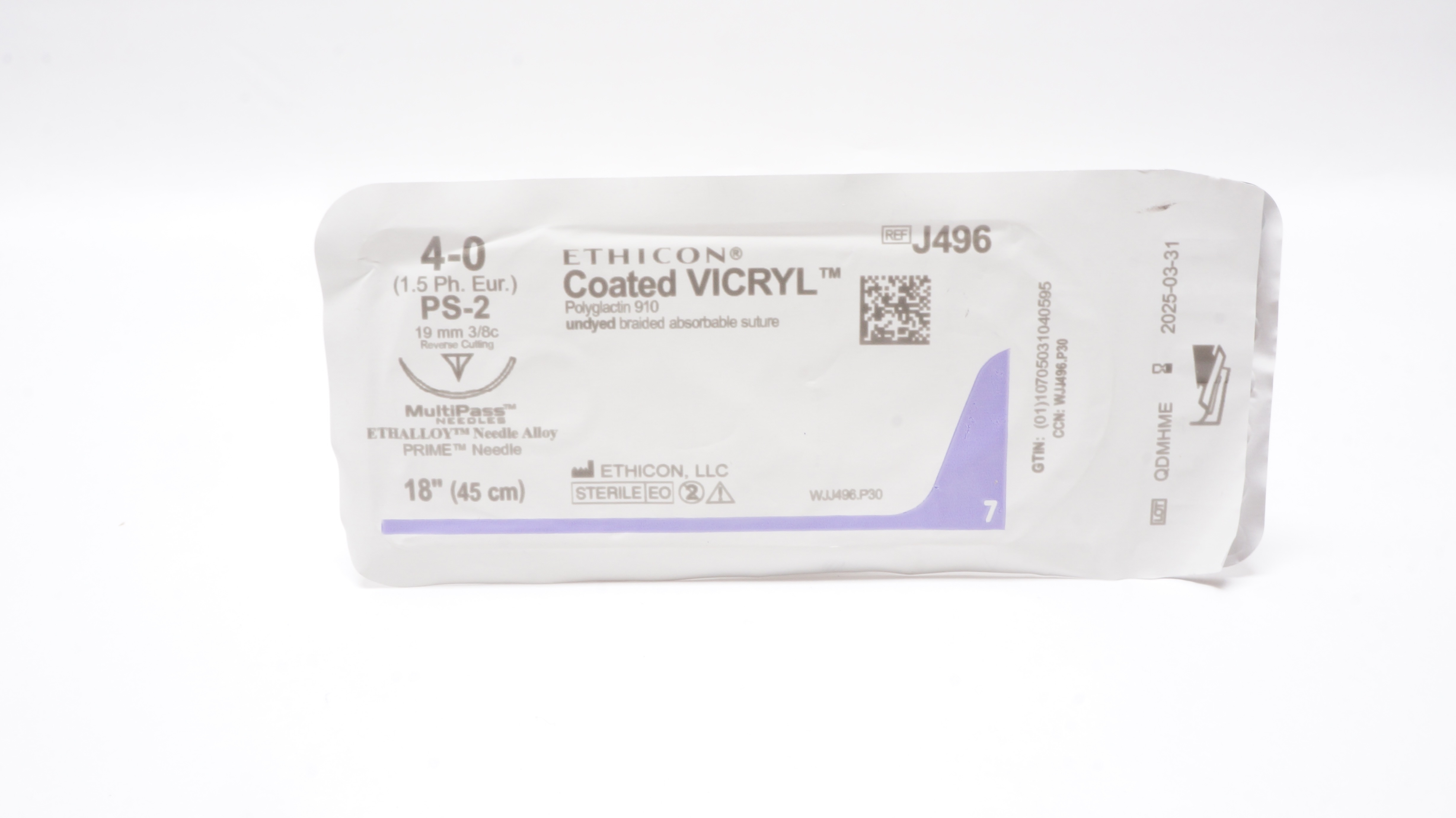 Ethicon J496 4-0 Coated VICRYL Stre PS-2 19mm 3/8c Reverse Cutting 18inch