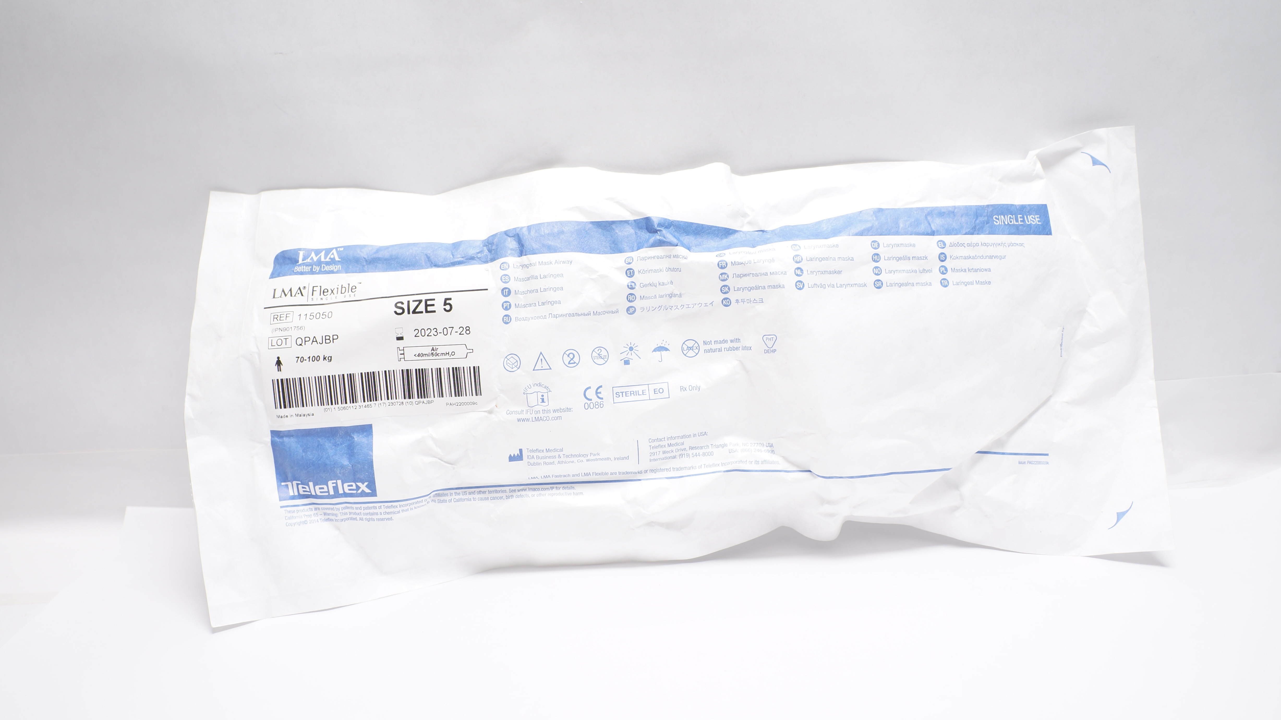 Teleflex 115050 Flexible Laryngeal Mask Airway Size 5 70-100kg Air<40ml/60cm (x)