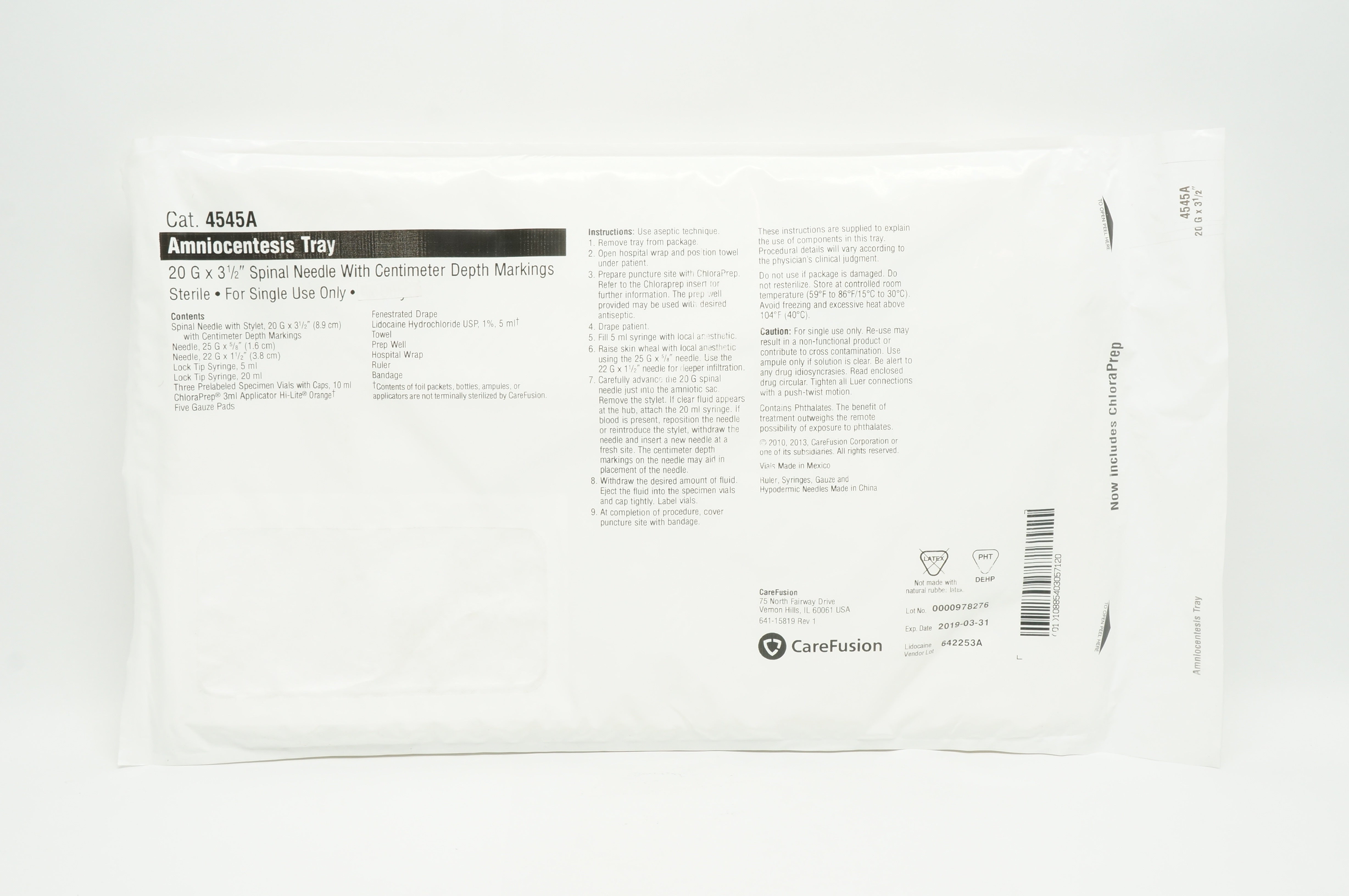 CareFusion 4545A Amniocentesis Tray With Spinal Ndle 20 G x 3 1/2 inch