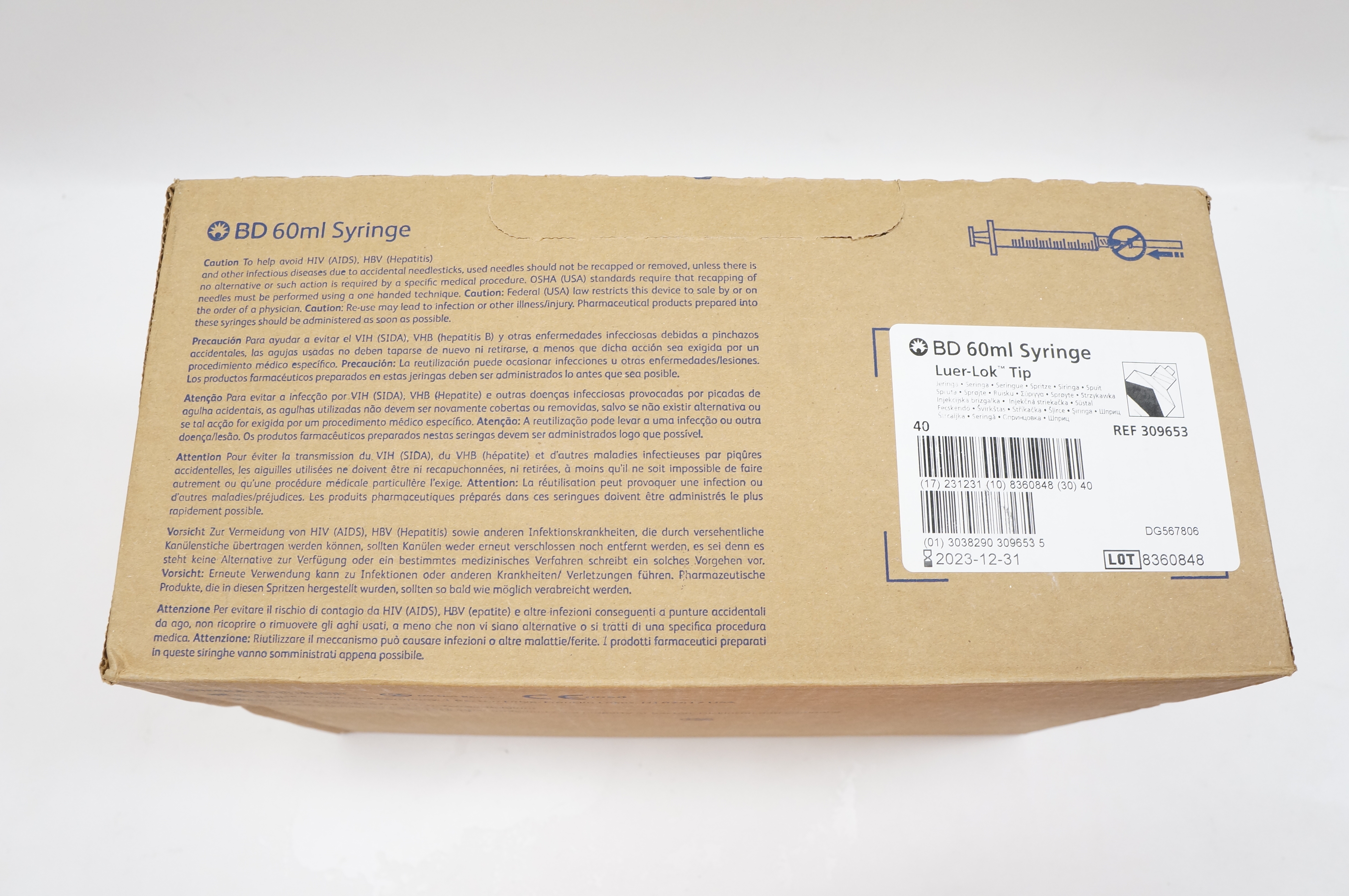 BD 309653 Luer-Lok Tip Syringe 60ml - Box of 40