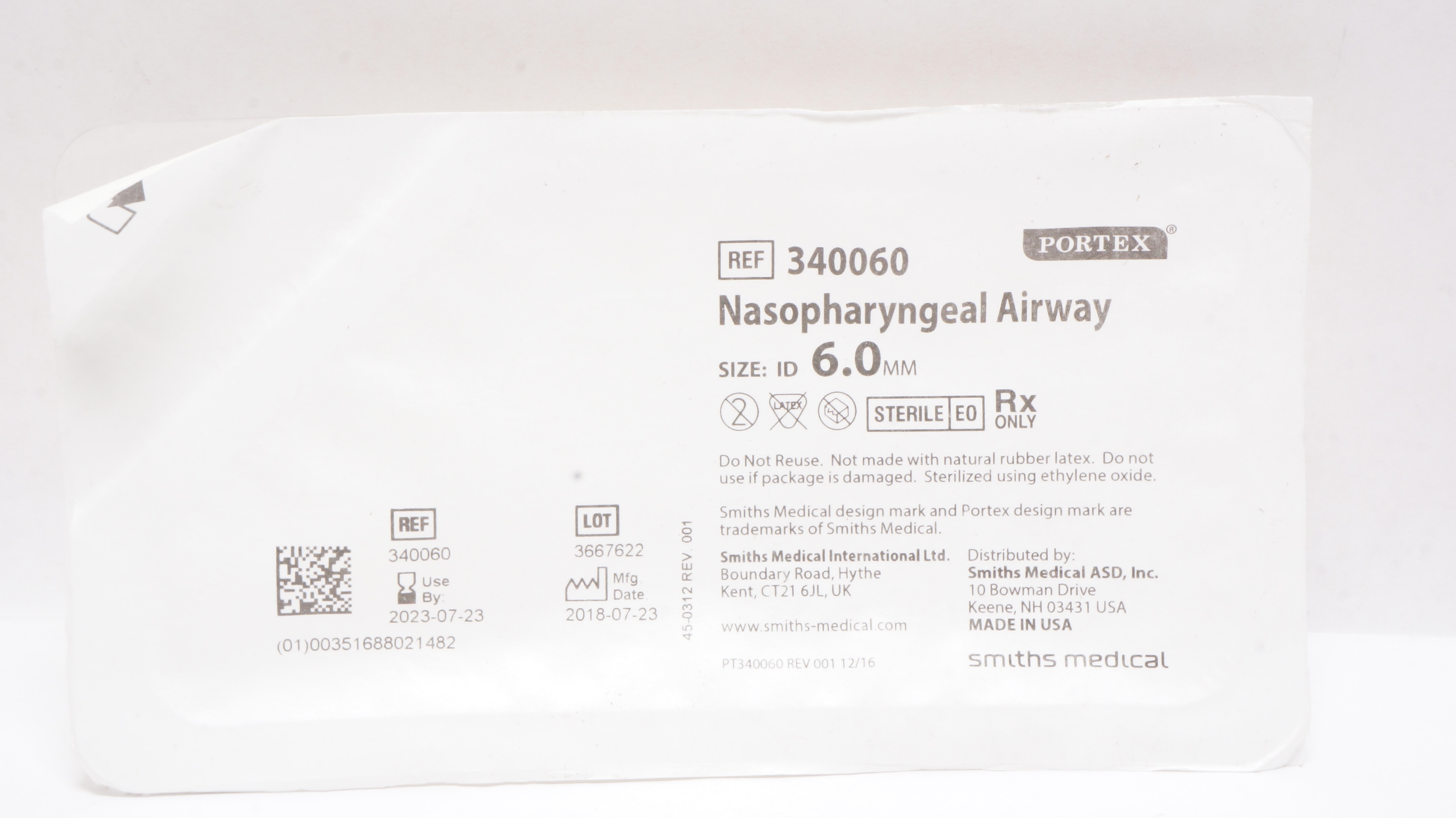 Smiths Medical 340060 Portex Nasopharyngeal Airway 6.0mm I.D.
