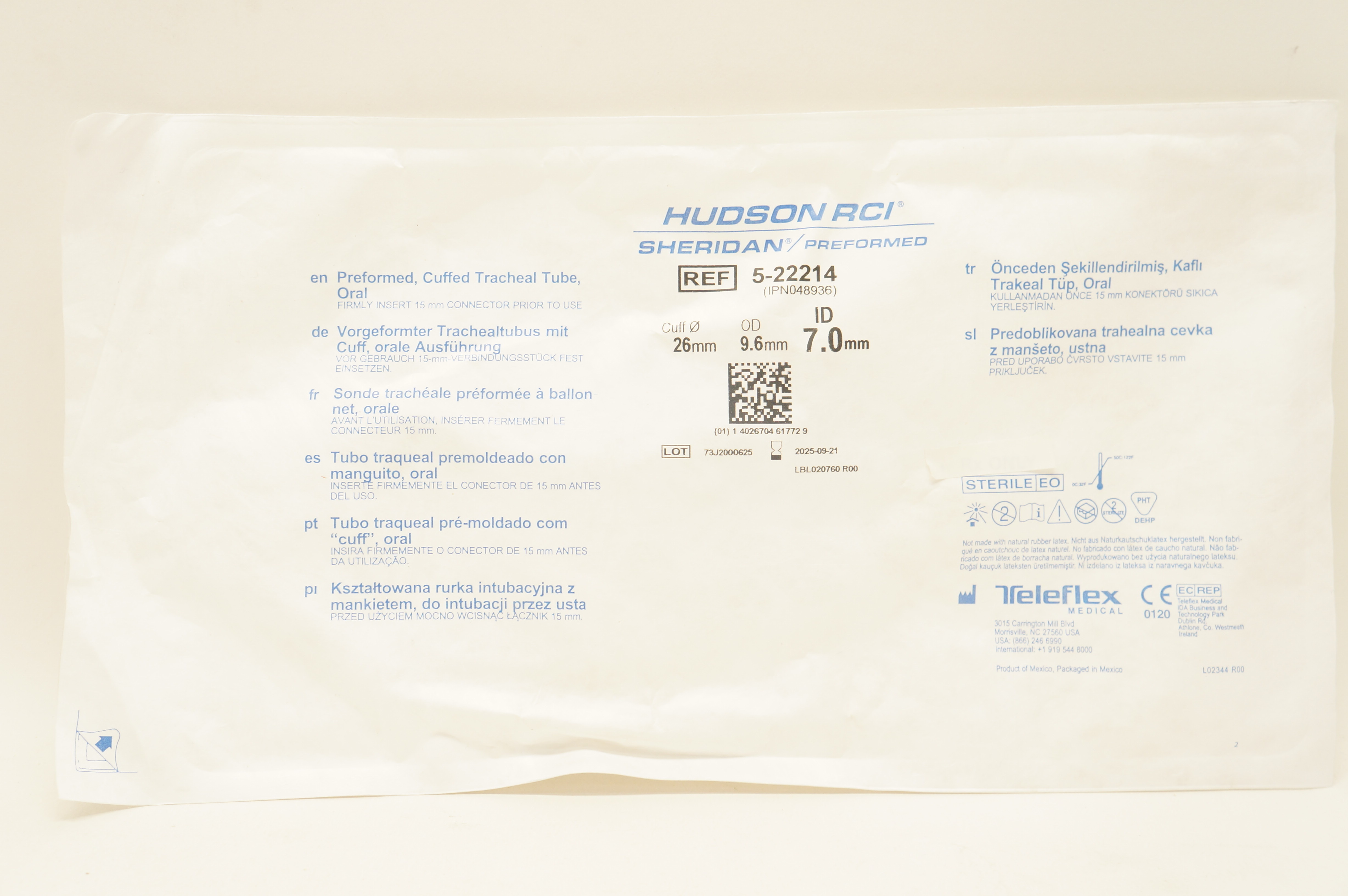 Teleflex 5-22214 Hudson RCI Cuffed Tracheal Tube 26mm x 9.6mm x 7.0mm