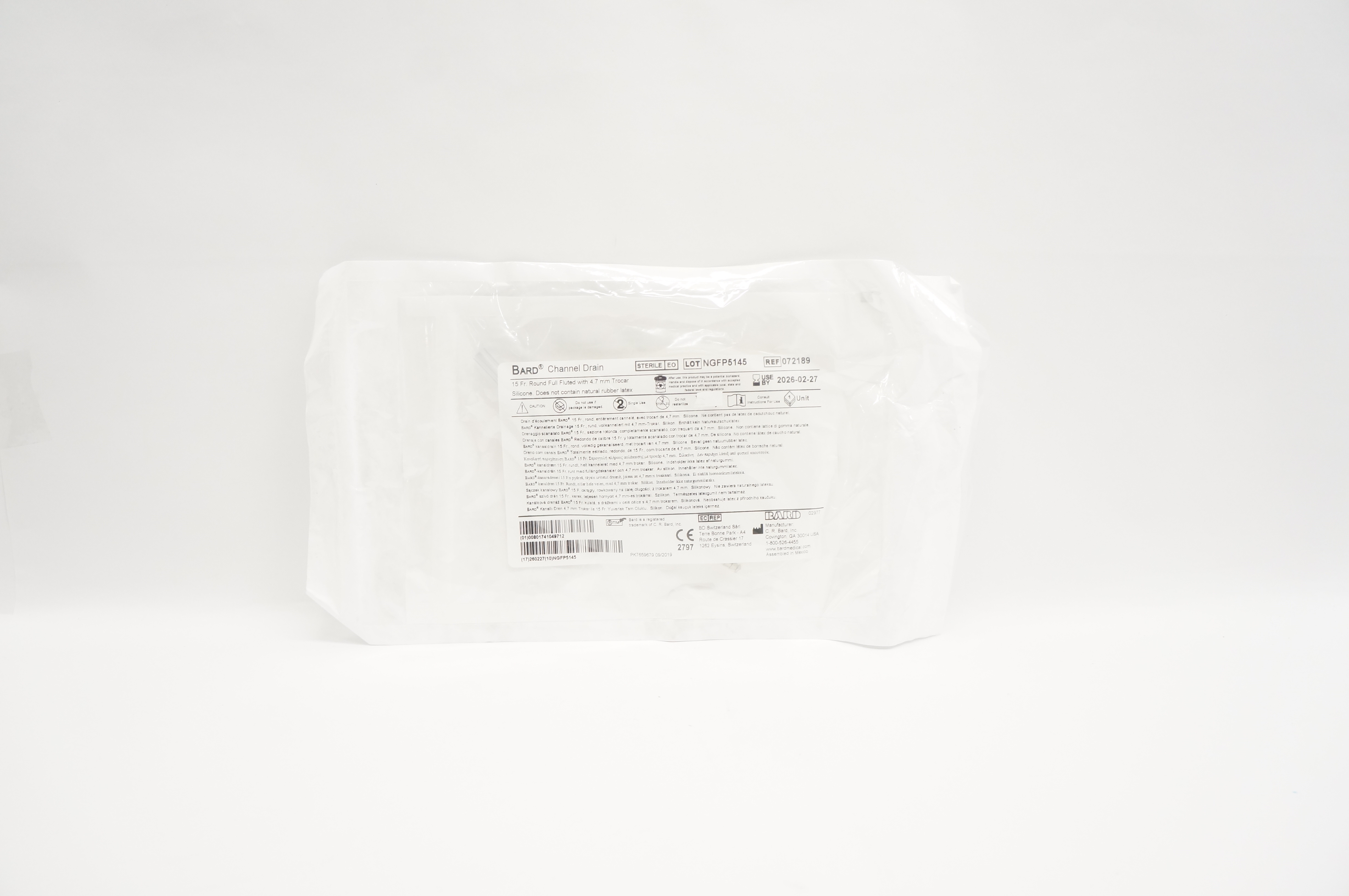 Bard 072189 Channel Drain 15 Fr. Round Full Fluted with 4.7mm Trocar Silicone