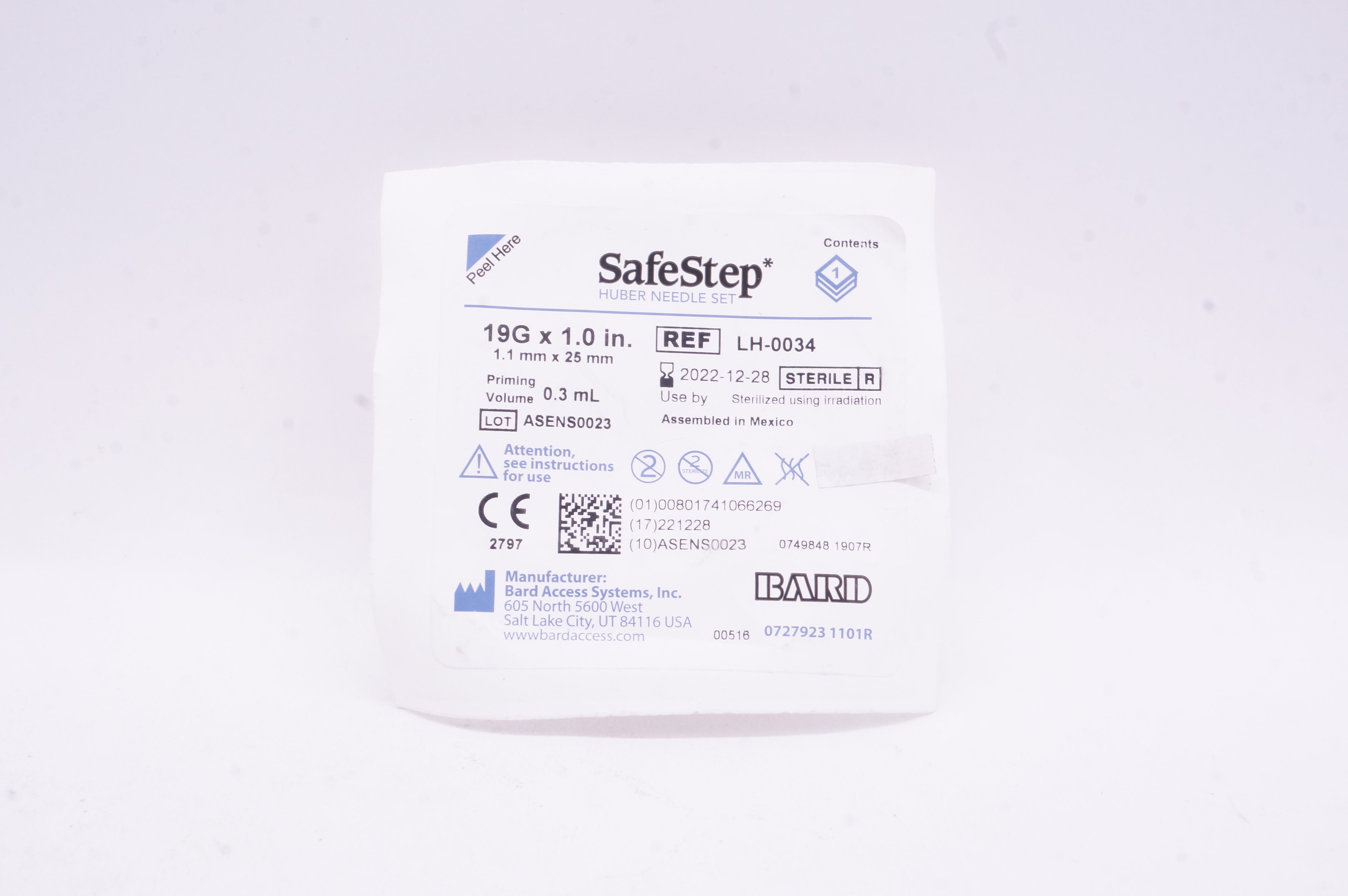 Bard LH-0034 SafeStep Huber Ndle. Set 19G x 1.0 inch, Priming Volume 0.3 mL