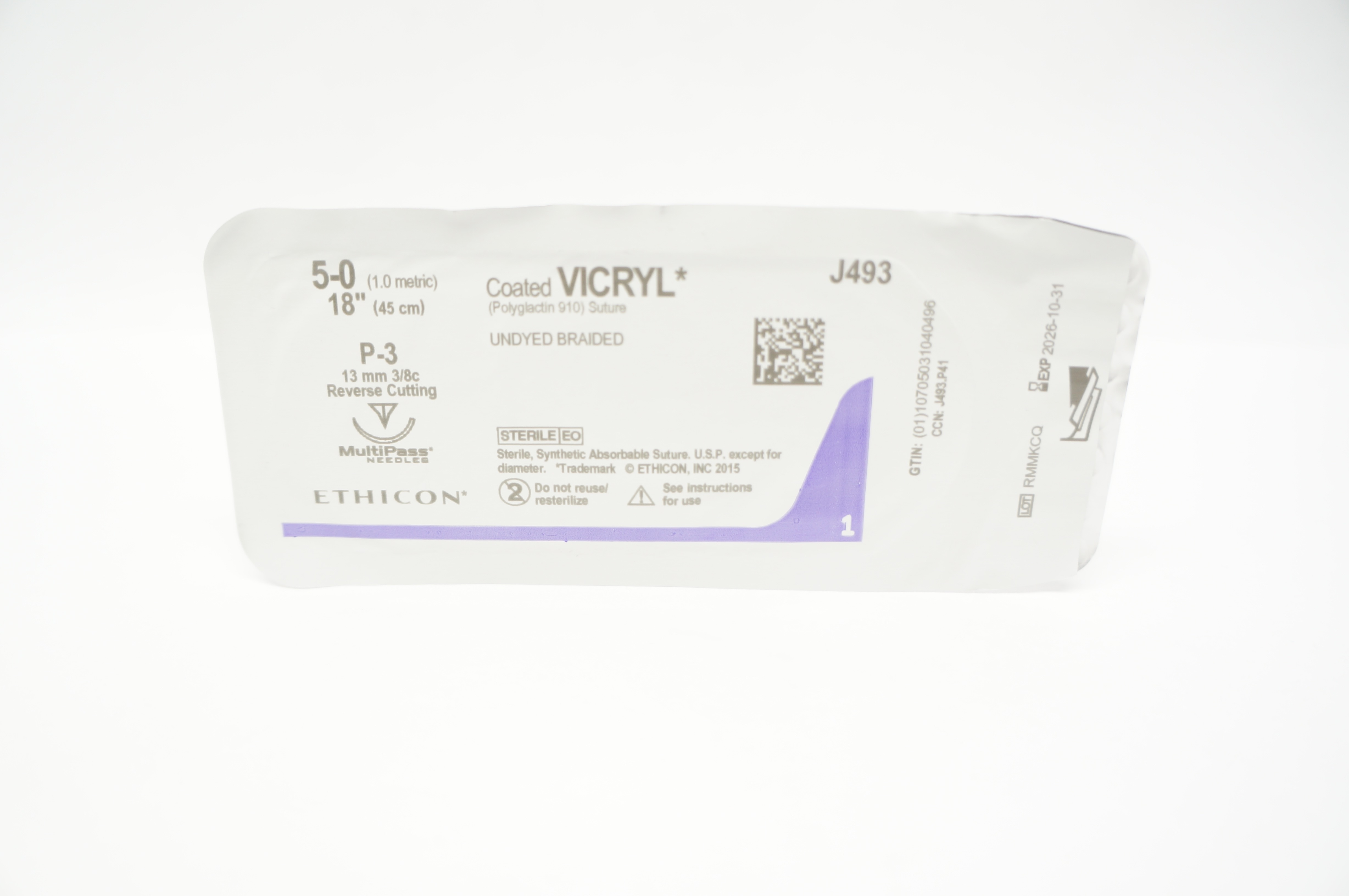 Ethicon J493 5-0 Coated VICRYL, P-3, 13mm 3/8c Reverse Cutting, 18inch