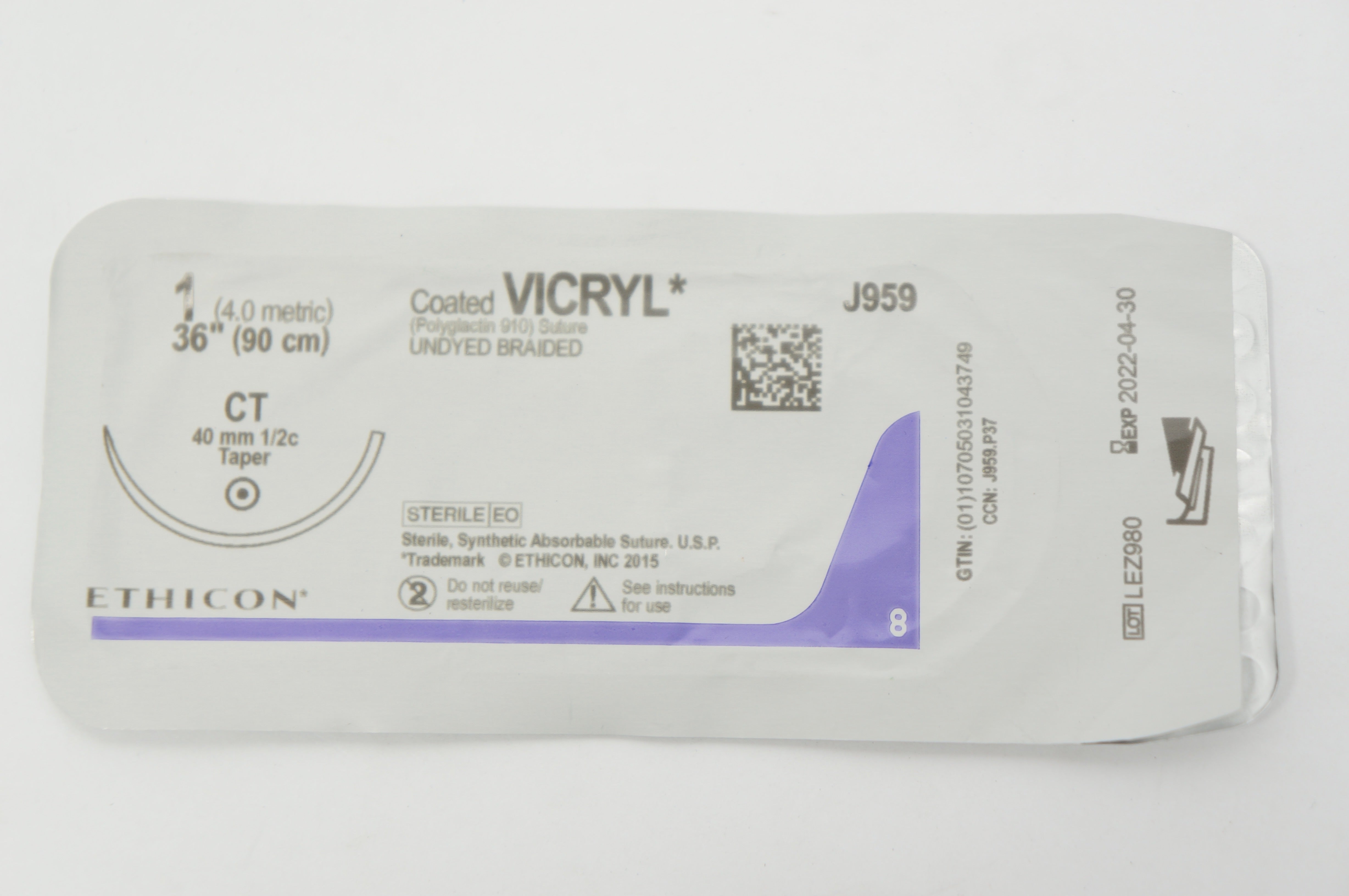 Ethicon J959 1 Coated VICRYL Stre Undyed Braided CT 40mm 1/2c Taper, 36 inch (x)