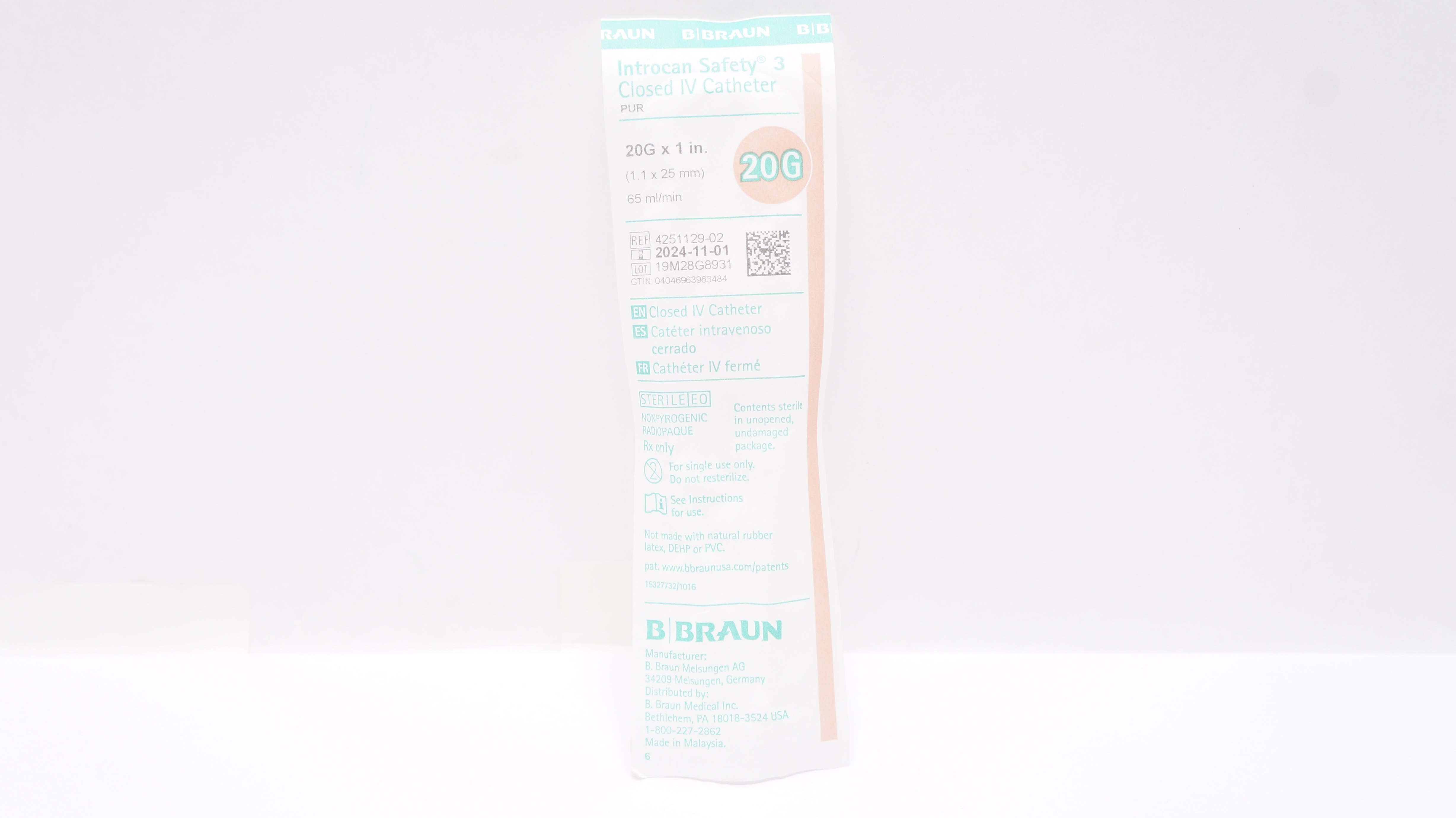 Braun 4251129-02 Introcan Safety 3 Closed IV Cath. PUR 20G x 1 inch x 65mL/min