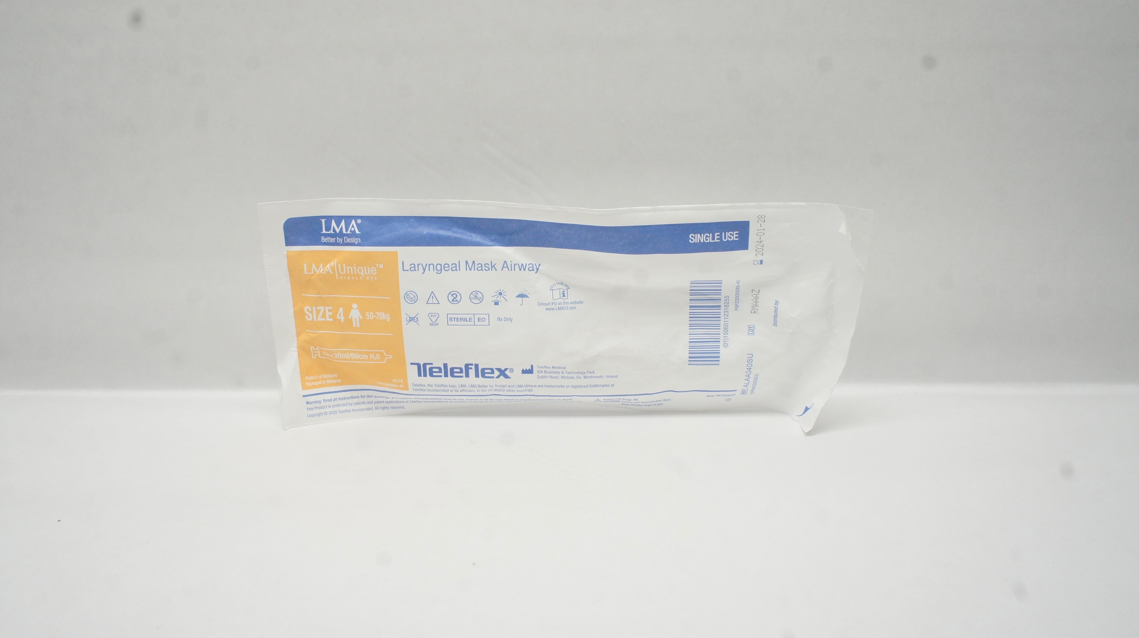 Teleflex ALAA040SU LMA Laryngeal Mask Airway Size4, 50-70kg Air<30cm/60ml H2O(x)