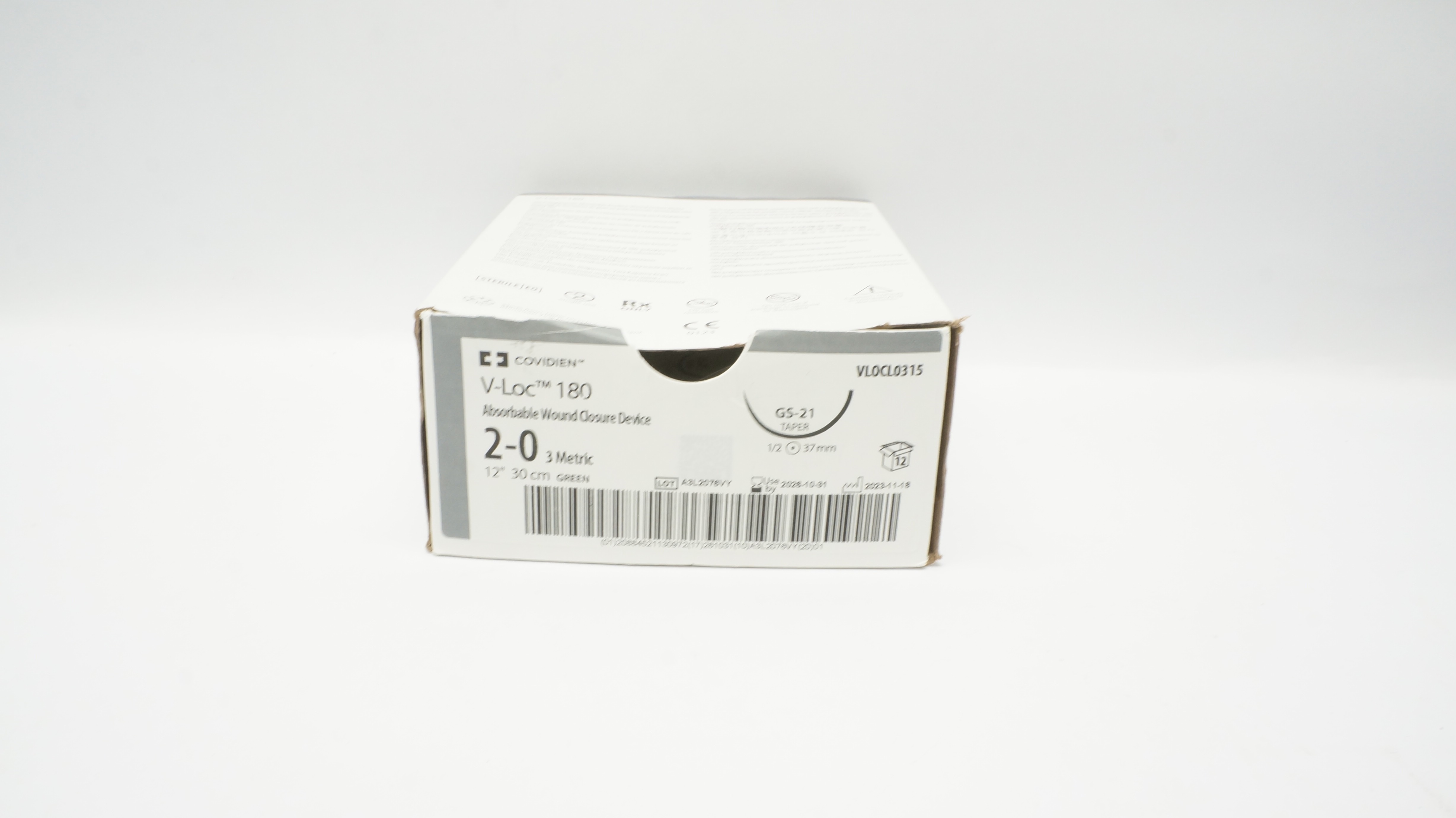 Covidien VLOCL0315, 2-0 V-Loc 180 Green, GS-21 1/2c 37mm Taper, 12inch -Box of 2
