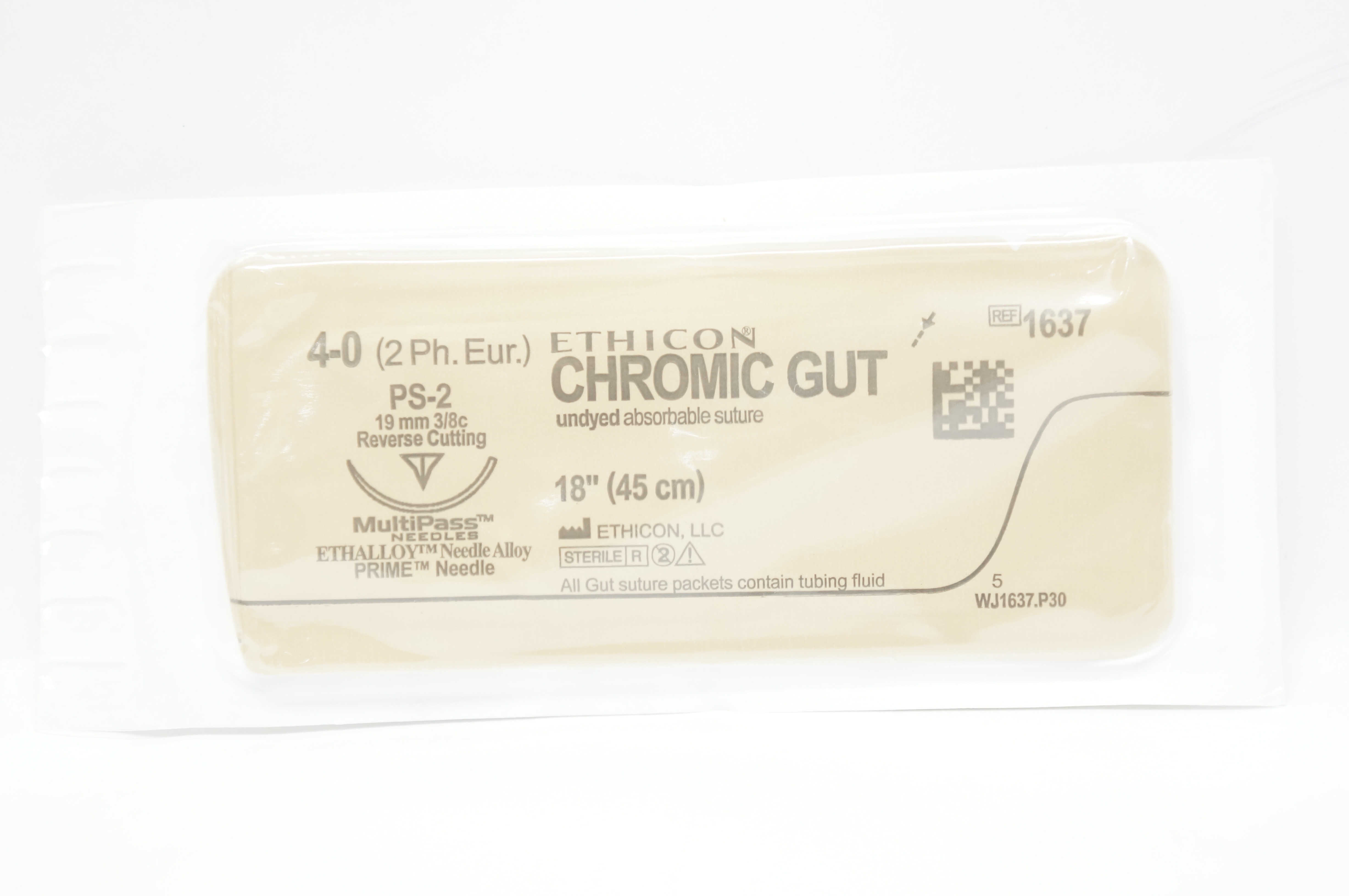 Ethicon 1637 4-0 CHROMIC GUT Undyed Stre PS-2 19mm 3/8c Reverse Cutting, 18inch