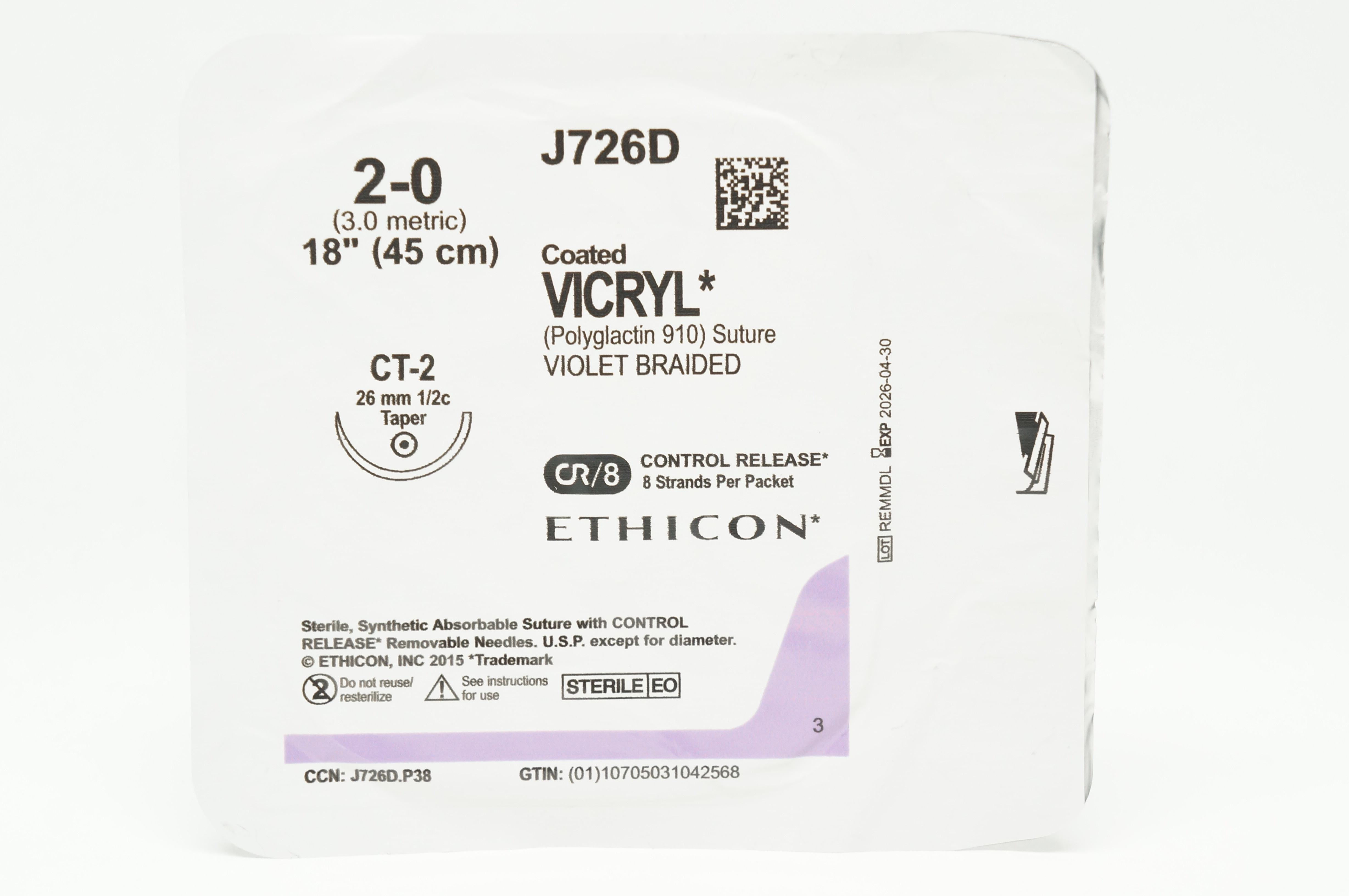 Ethicon J762D 2-0 Coated VICRYL Stre CP-2 26mm 1/2c Reverse Cutting 18inch