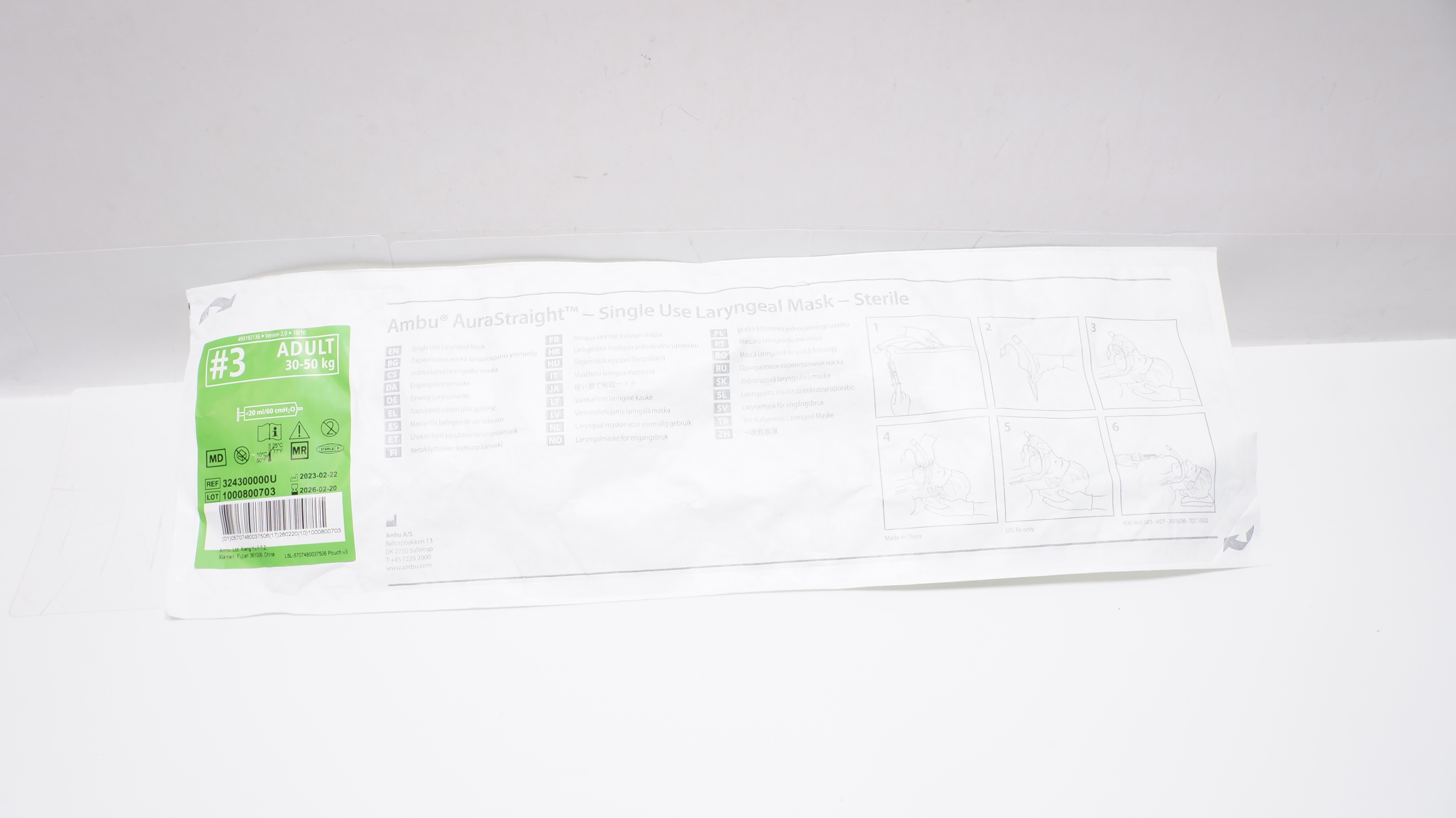 Ambu 324300000U Aura Straight Single Use Laryngeal Mask Full Case #3, 30-50kg