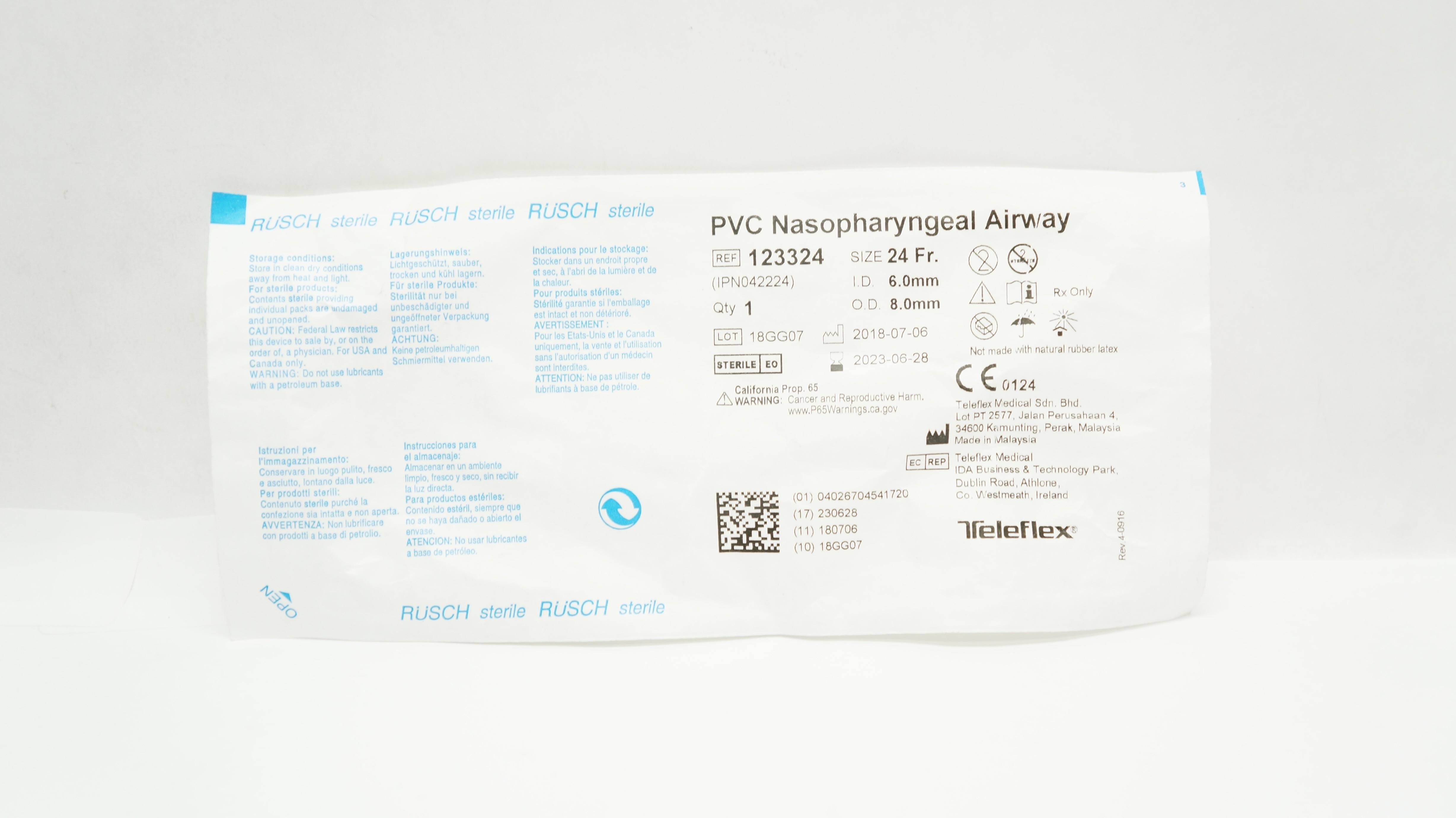 Teleflex 123324 Rusch PVC Nasopharyngeal Airway 24 Fr x 6.0mm ID x 8.0mm OD (x)