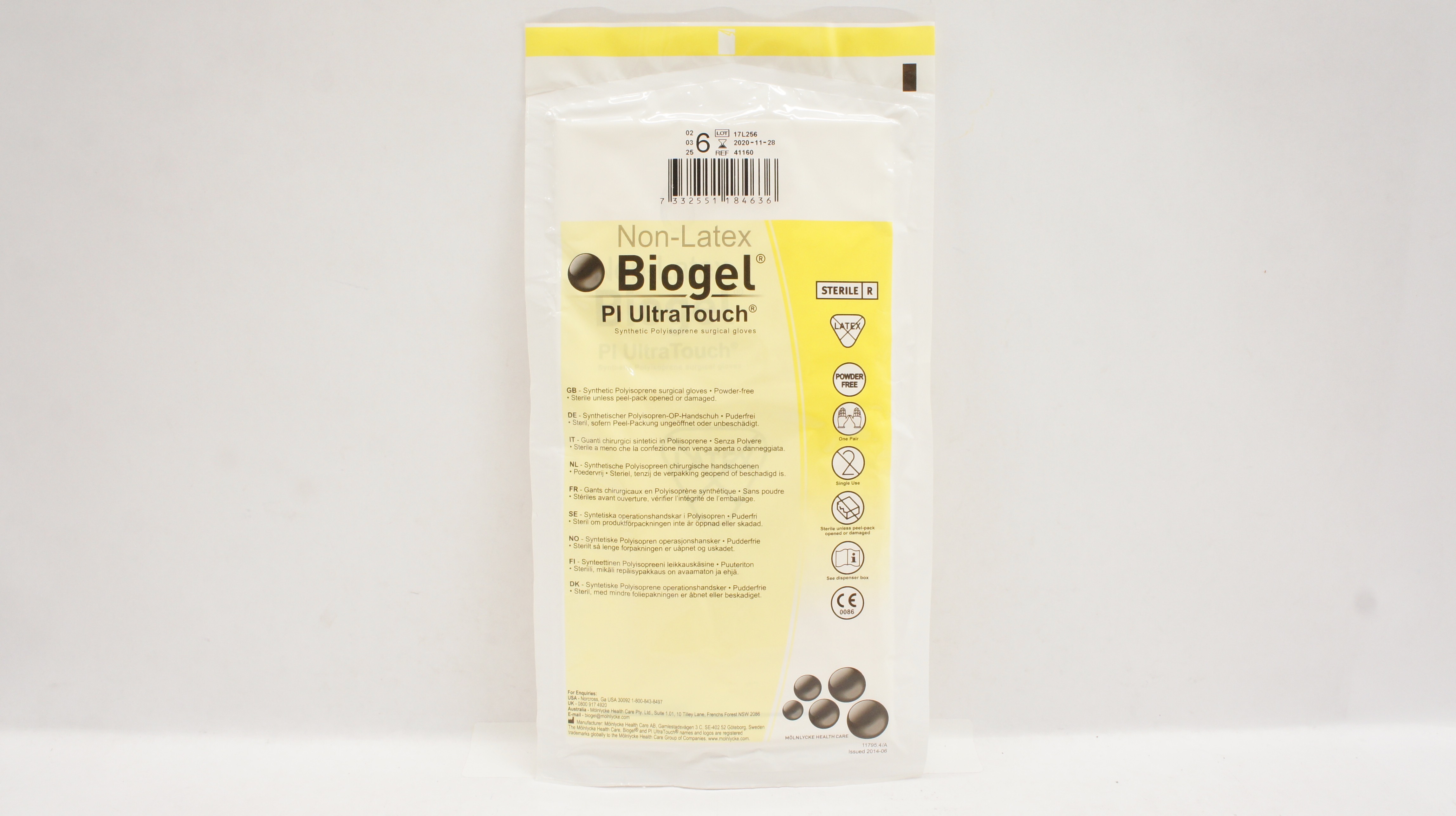 Molnlycke Health Care 41160 Non-Latex Biogel Pl UltraTouch Surgical Gloves 6(x)