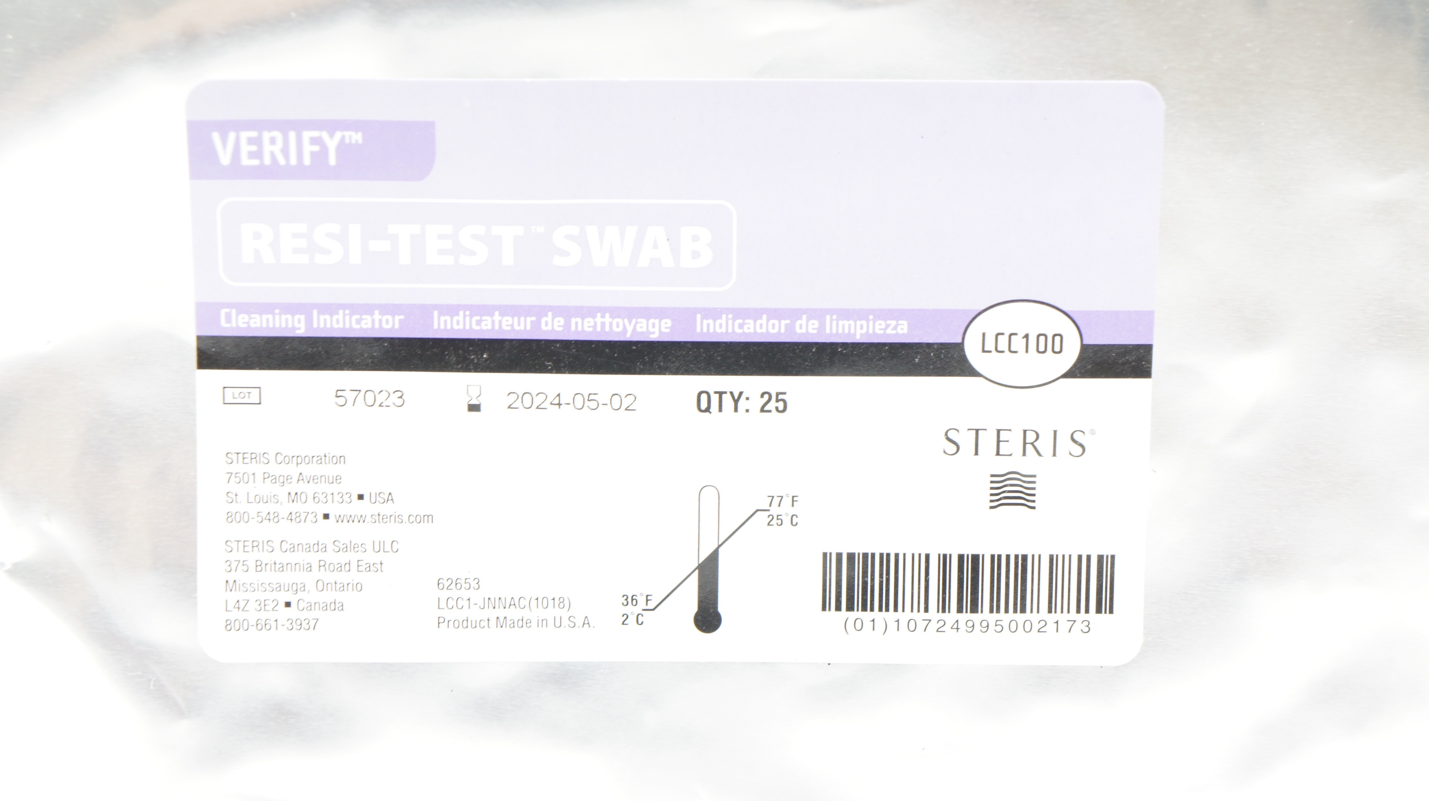 Steris LCC100 Verify Resi-Test Swab Cleaning Indicator (x) - Pack of 25