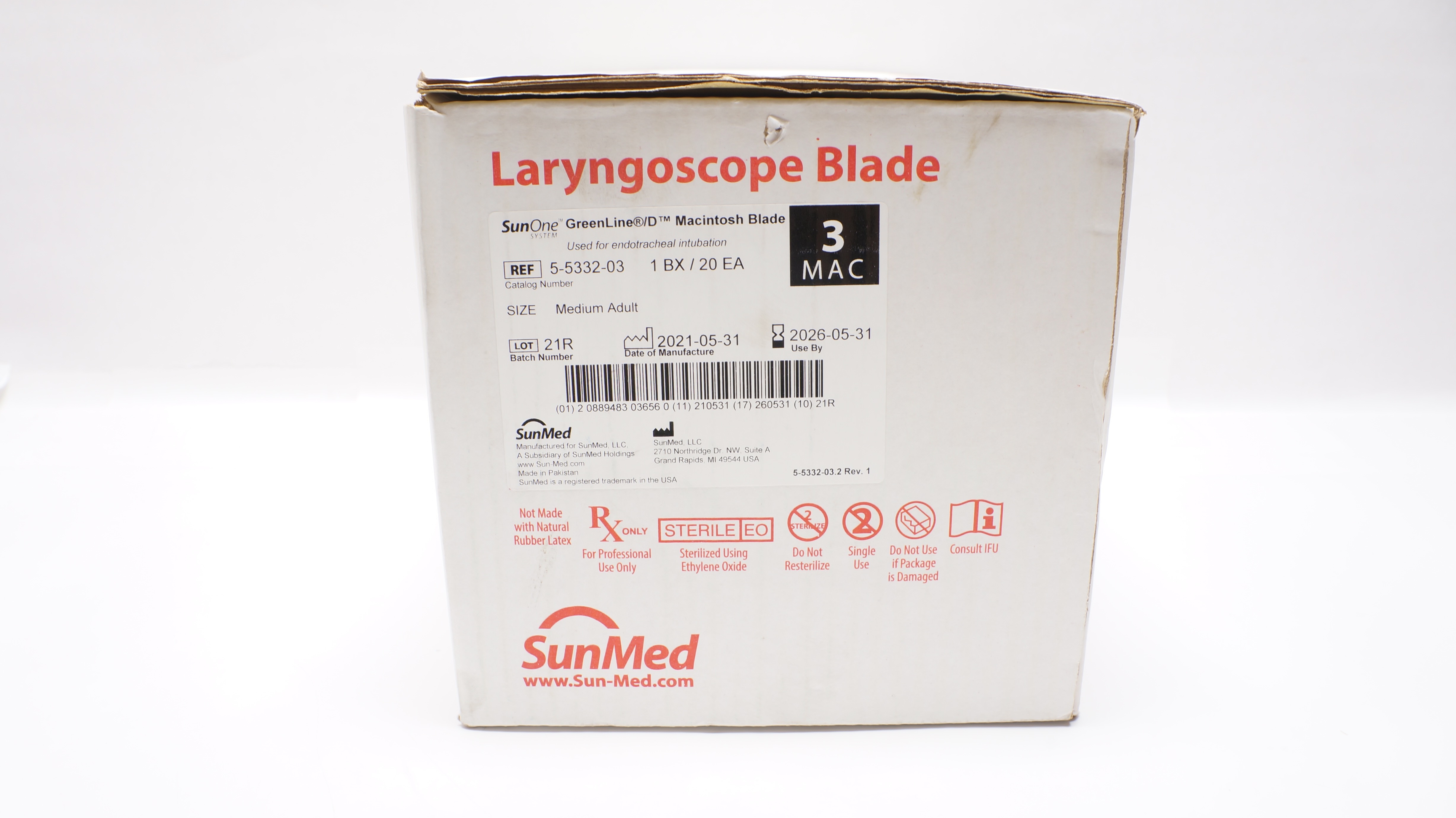 SunMed 5-5332-03 GreenLine/D Fiber Optic Laryngoscope Blade Size 3MAC -Box of 20