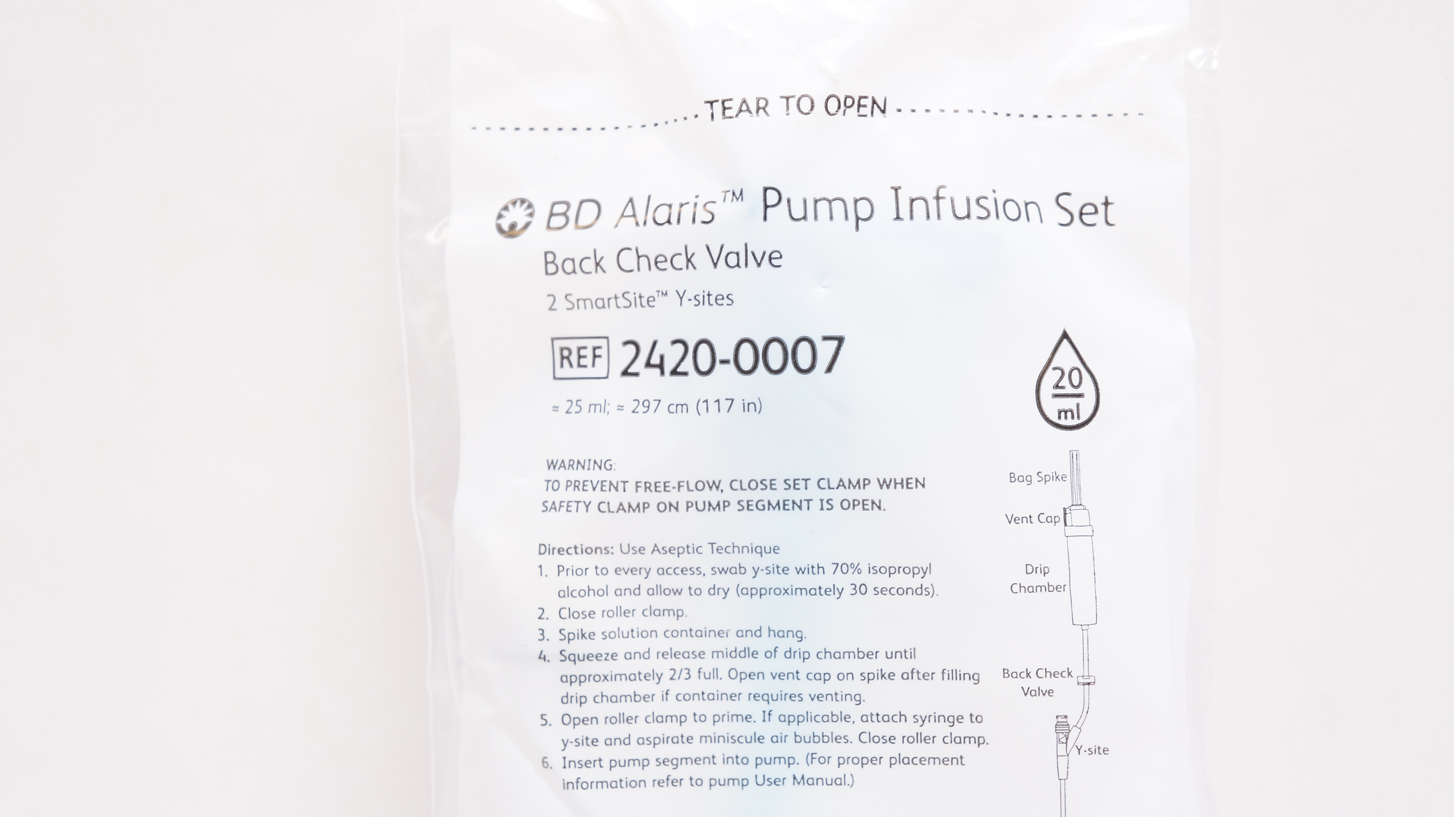 BD 2420-0007 Alaris Pump Infusion Set Back Check Valve 117inch x 25ml 20Drops/ml
