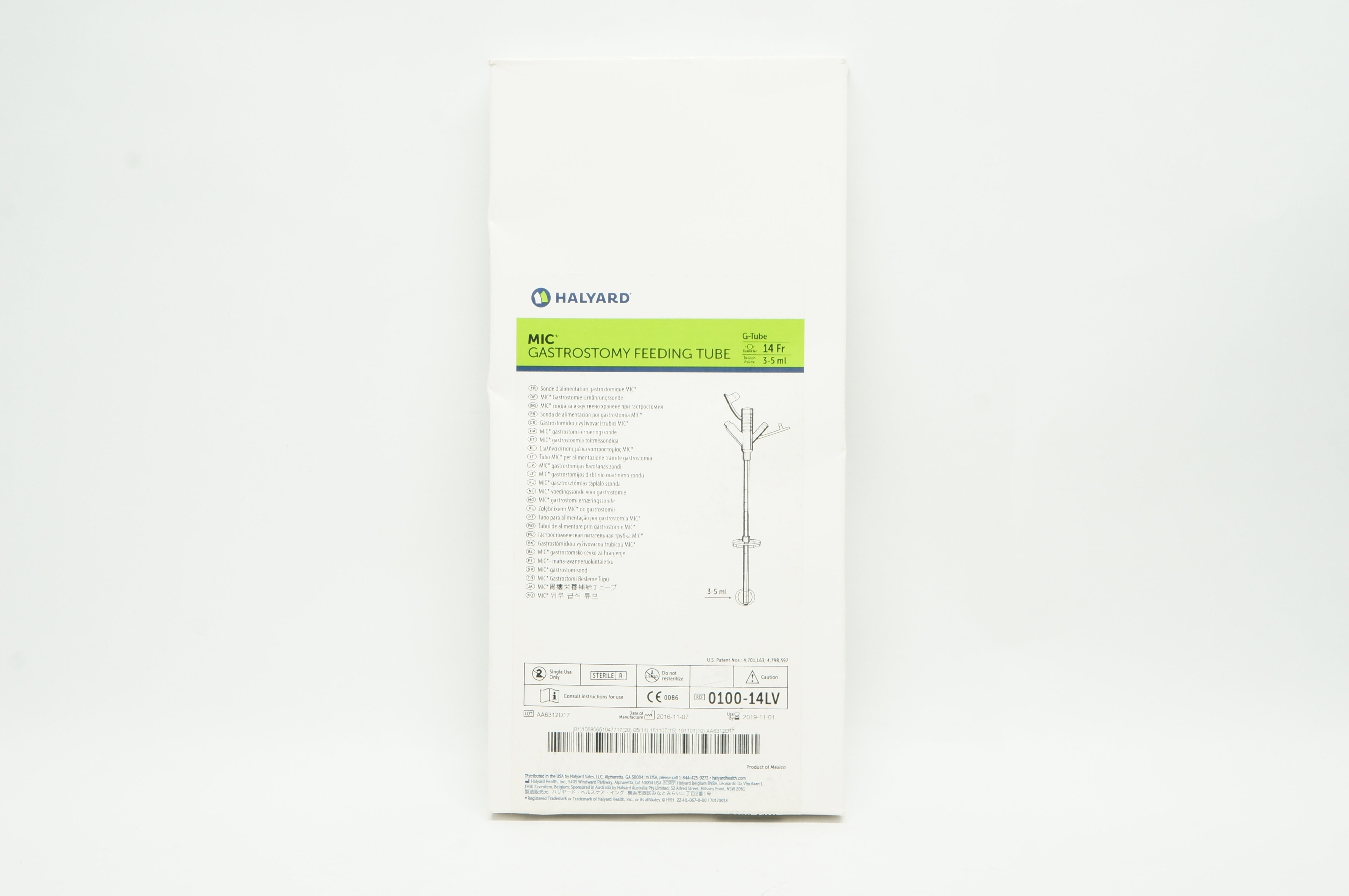 Halyard 0100-14LV MIC Gastrostomy Feeding Tube 14Fr x 3-5mL (x)