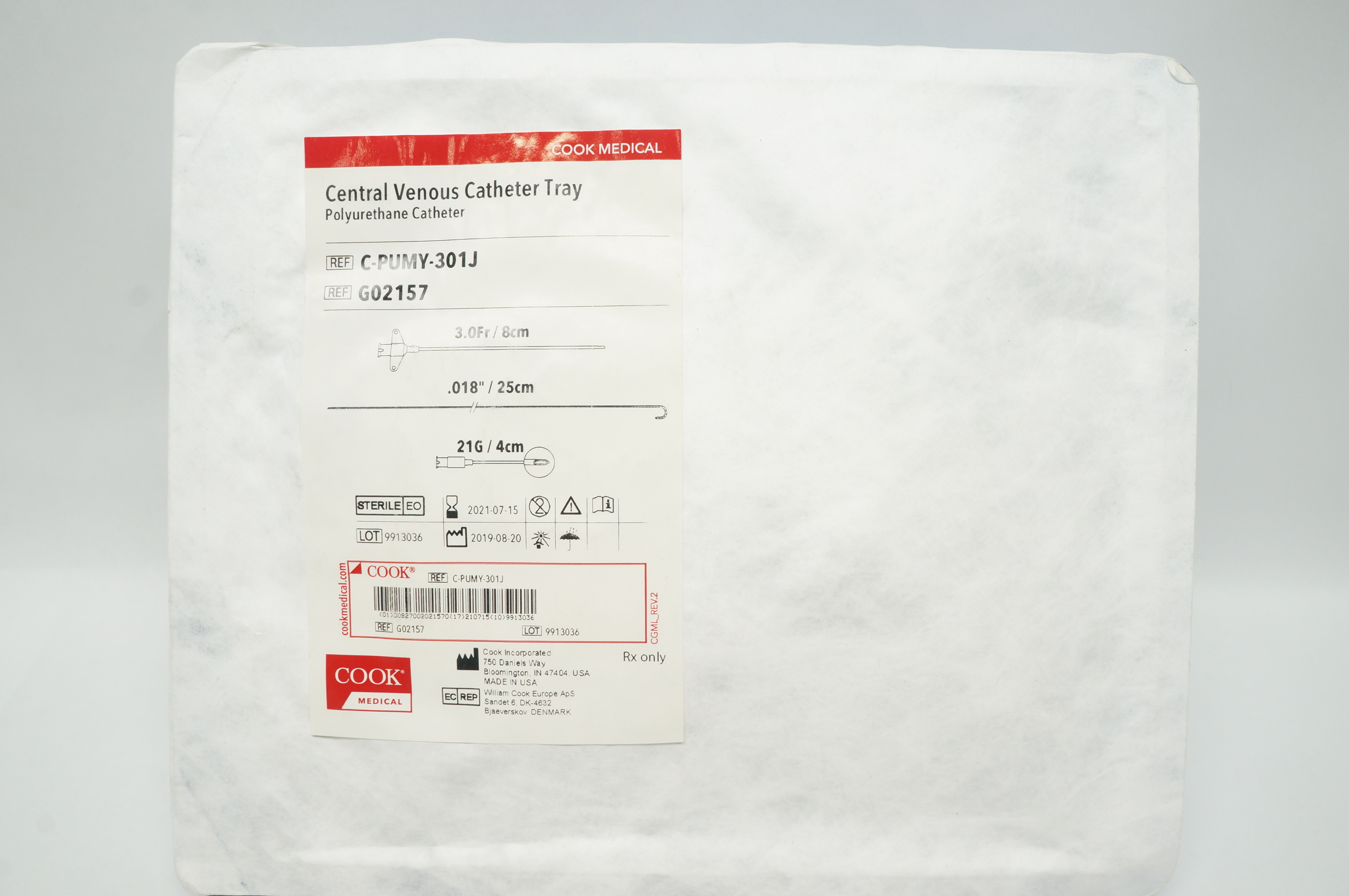 Cook Medical G02157 Central Venous Cath. Tray 3.0Fr x .018 inch x 21G (x)