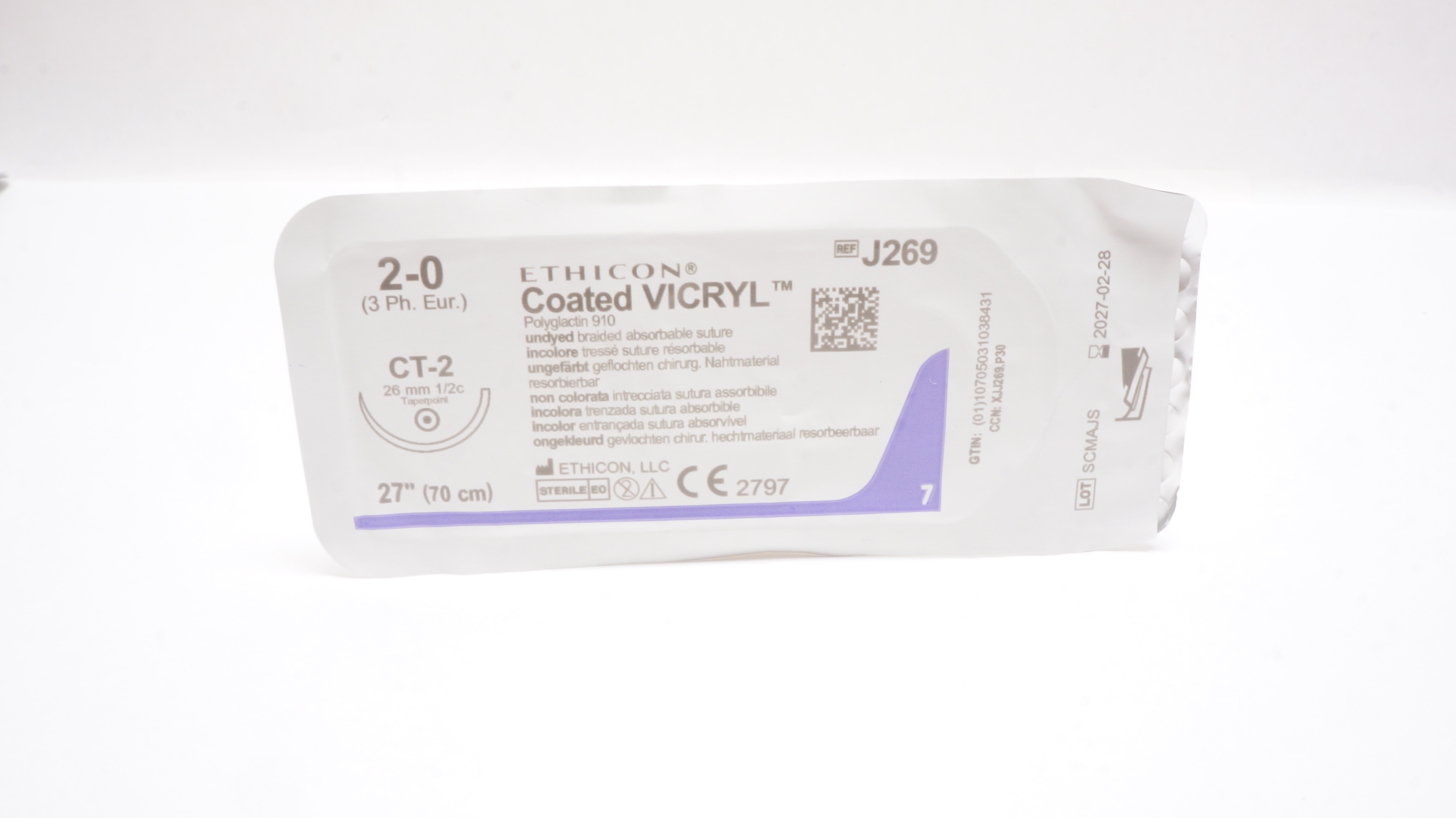 Ethicon J269 2-0 Coated VICRYL Stre CT-2 26mm 1/2c Taperpoint, 27inch