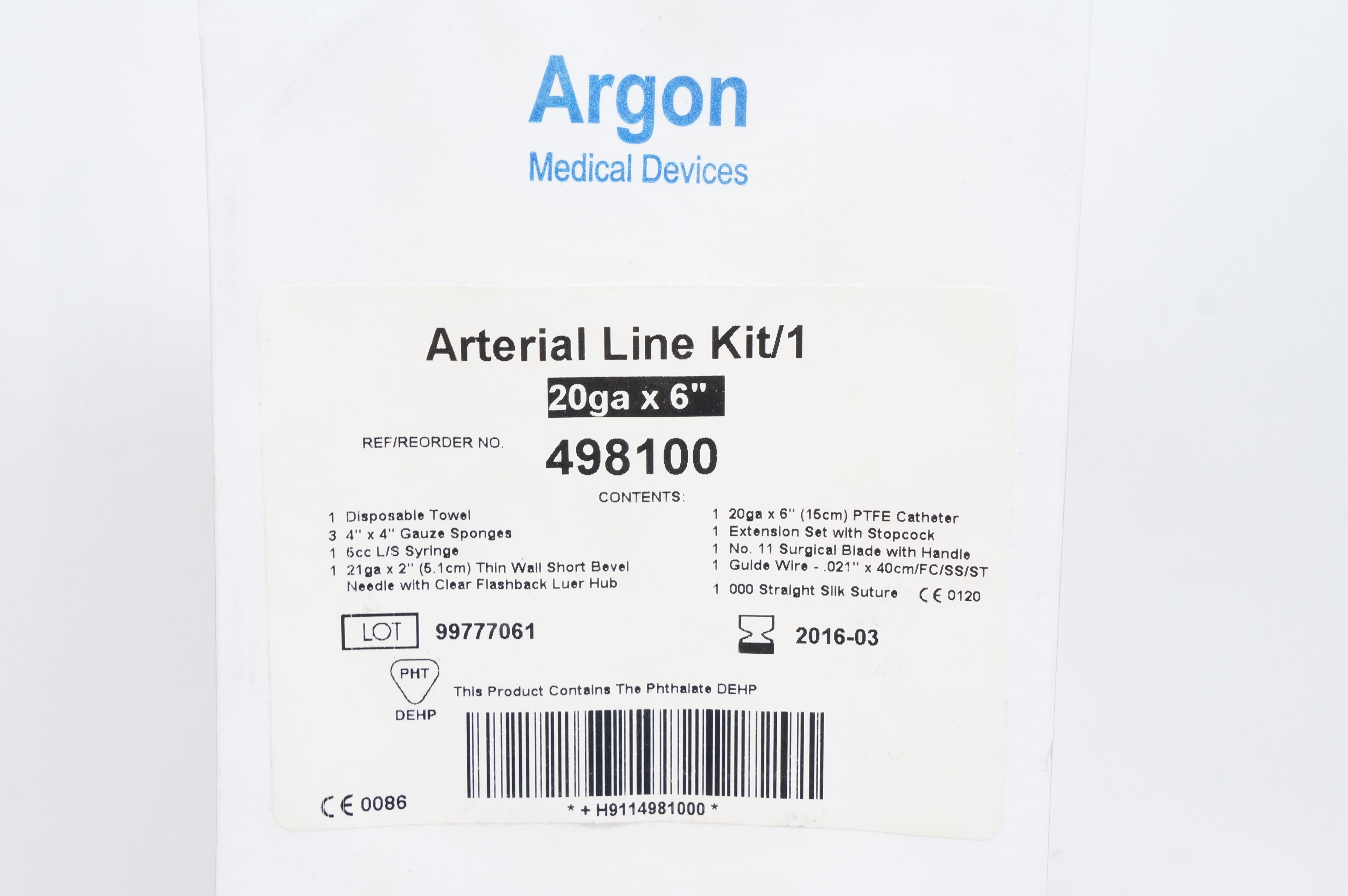 Argon 498100 Arterial Line Kit 20ga x 6inch (x)