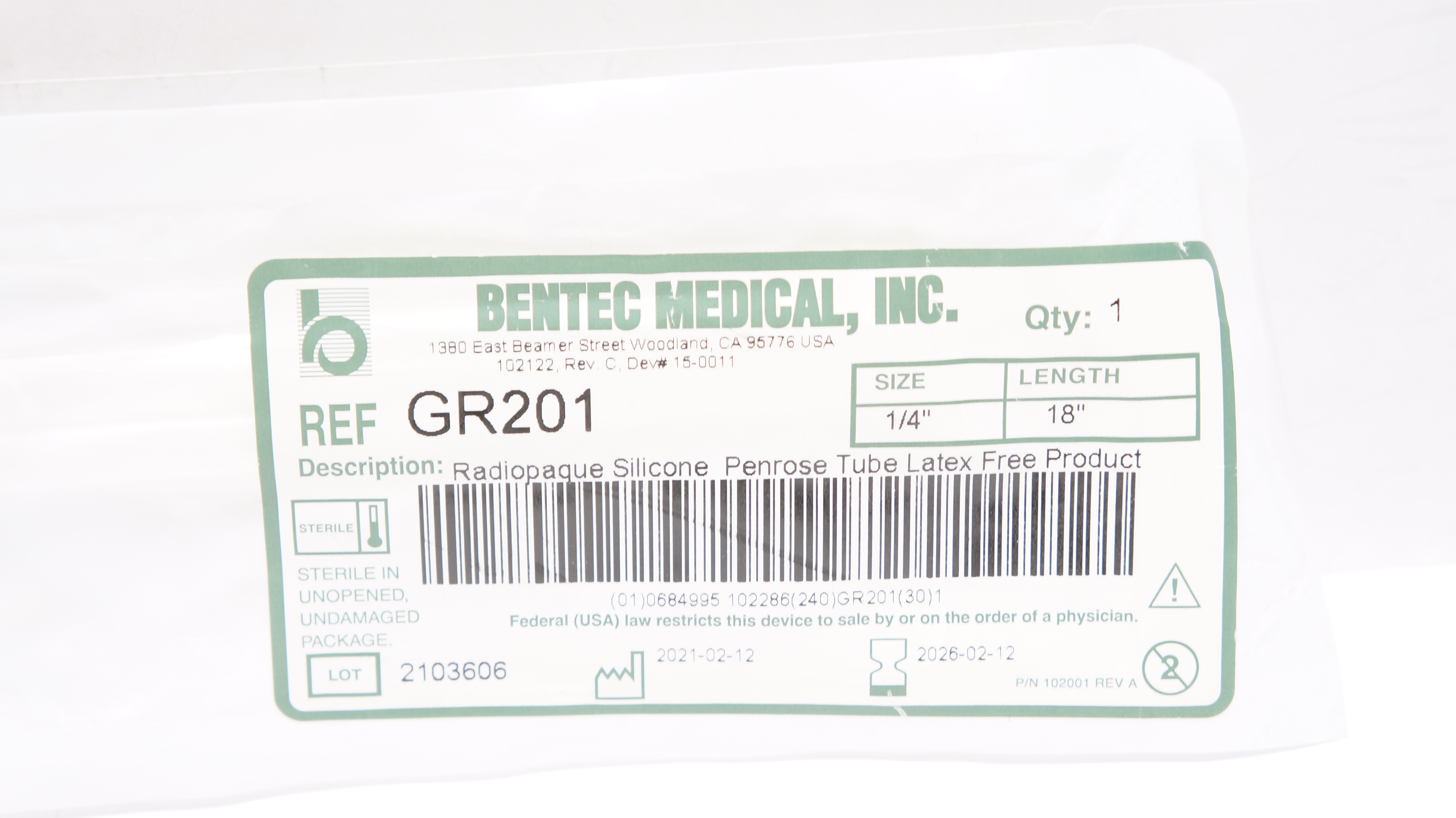 Bentec Medical GR201 Radiopaque Silicone Penrose Tube 1/4inch x 18inch