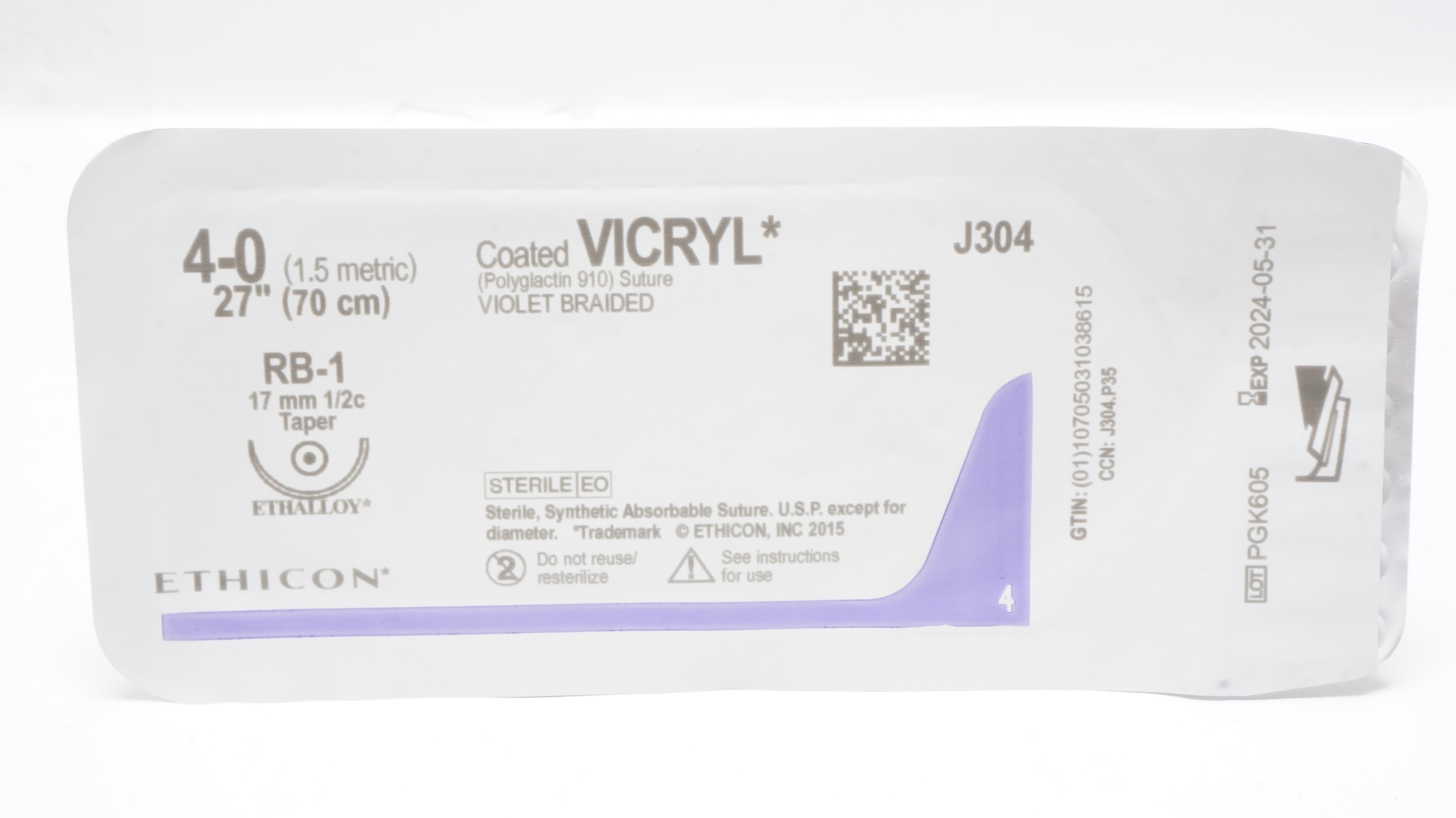 Ethicon J304 4-0 Coated VICRYL Stre RB-1 17mm 1/2c Taper, 27inch (x)
