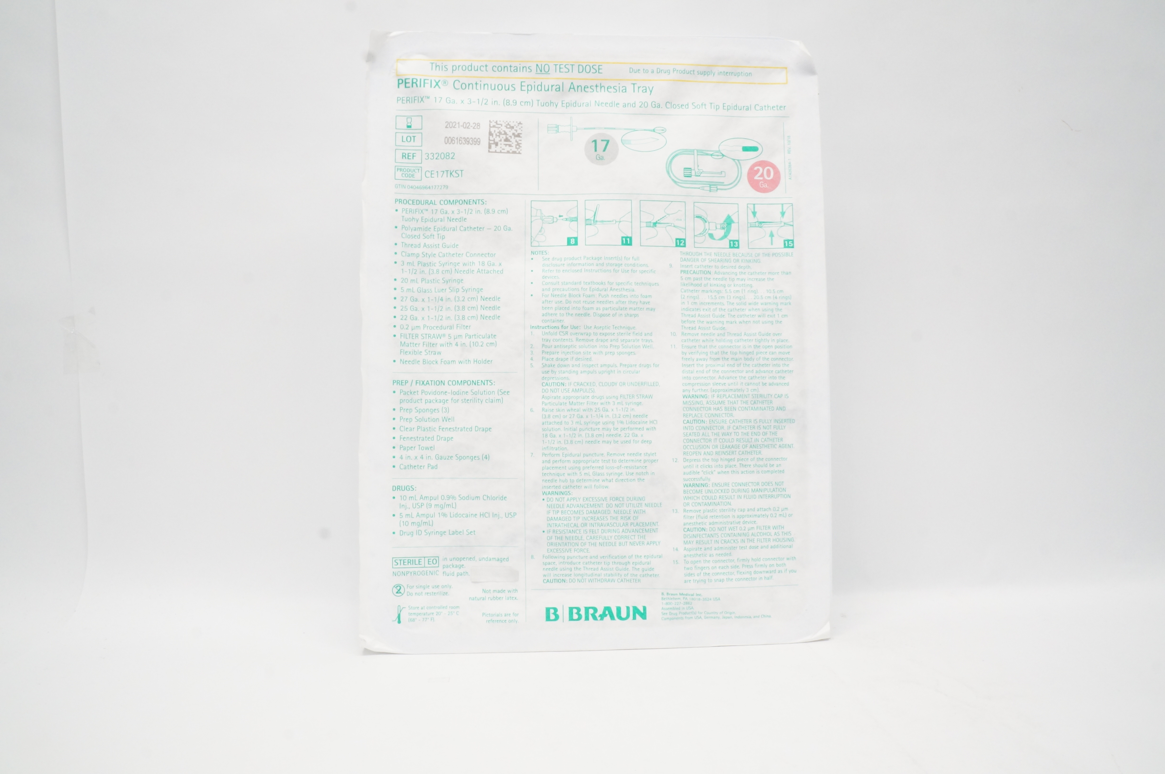 Braun 332082 PERIFIX Continuous Epidural Anesthesia Tray 17Ga x 3-1/2inch (x)