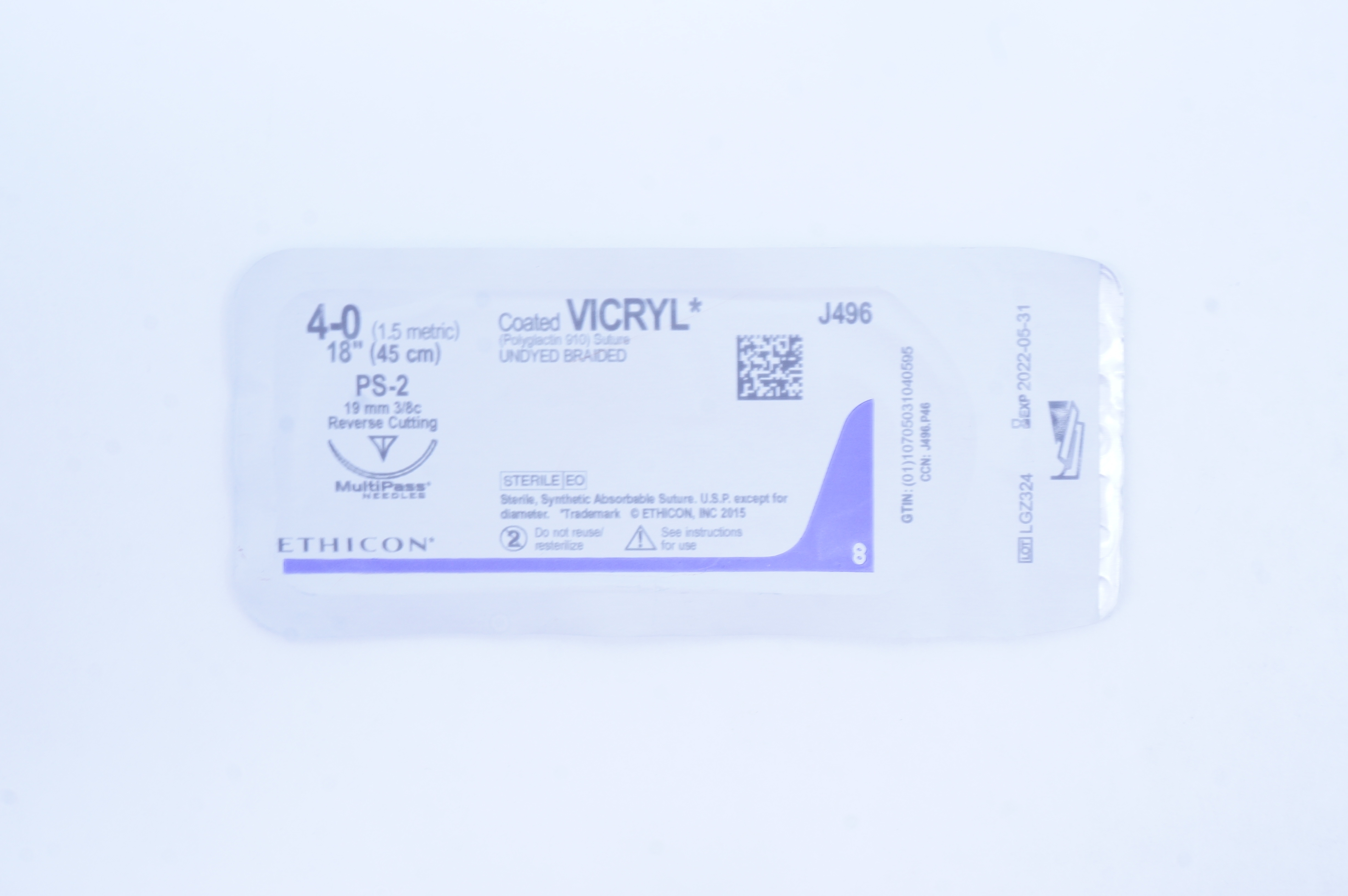 Ethicon J496 4-0 Coated VICRYL PS-2 19mm 3/8c Reverse Cutting, 18inch