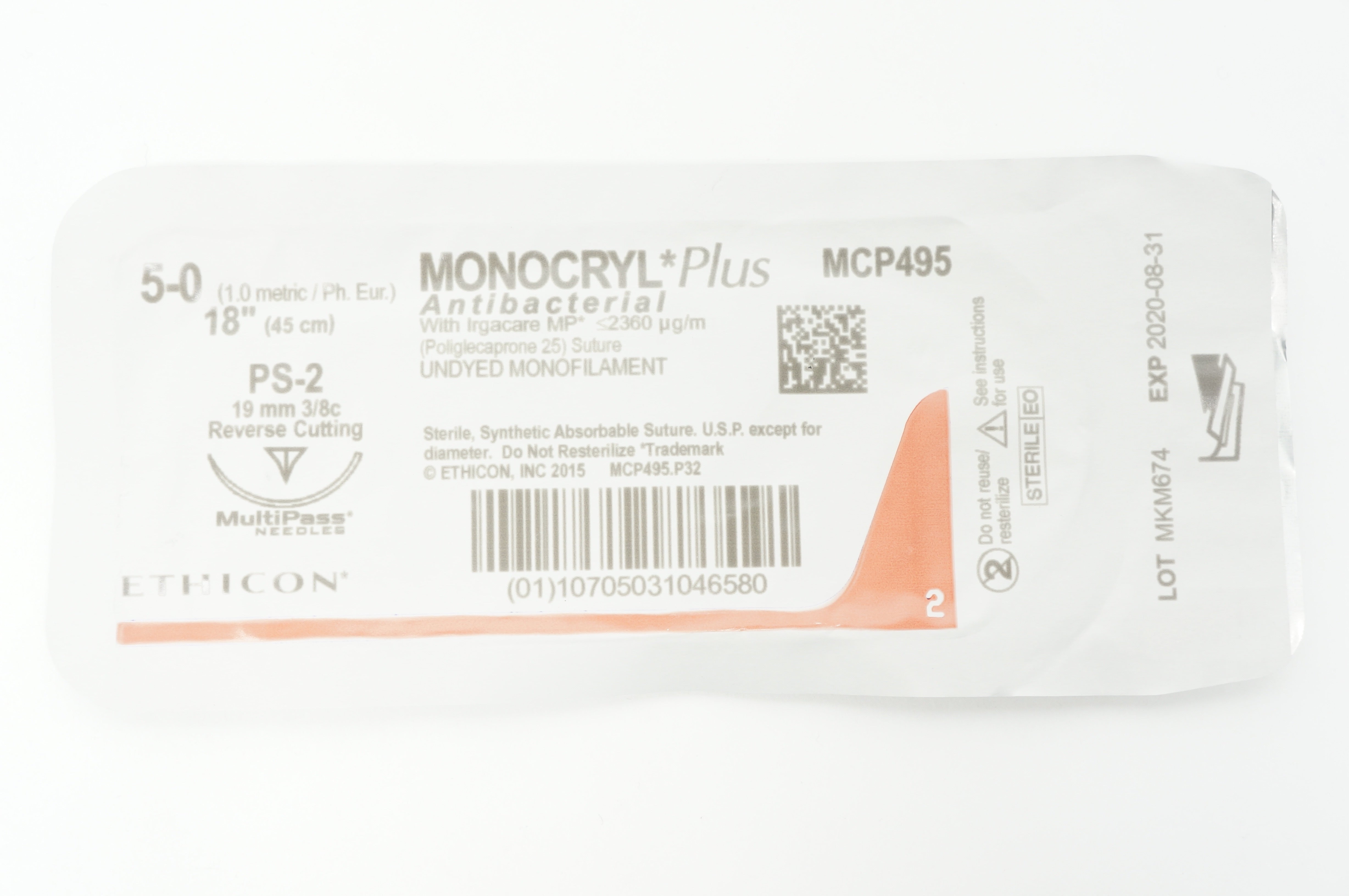 Ethicon MCP495 5-0 MONOCRYL Plus PS-2 19mm 3/8c Reverse Cutting, 18inch (x)