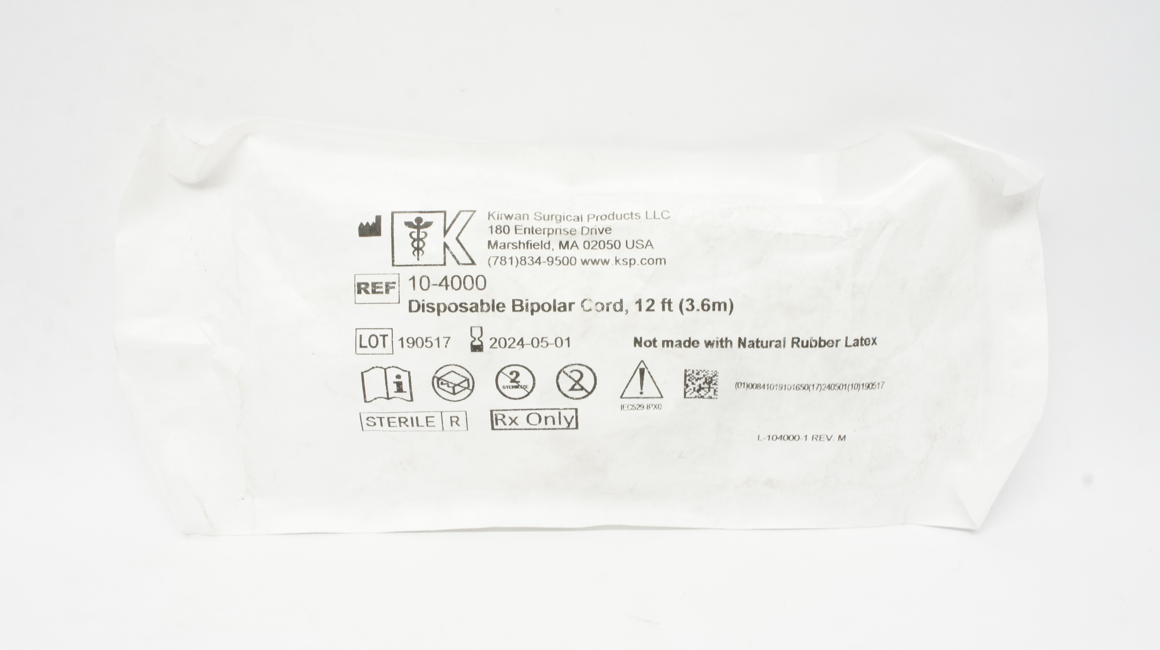 Kirwan Surgical 10-4000 Disposable Bipolar Cord 12ft