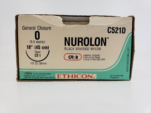 Ethicon C521D 0 NUROLON, CT-1, 1/2 36mm, 18in.  (x)  ~ Box  of 12