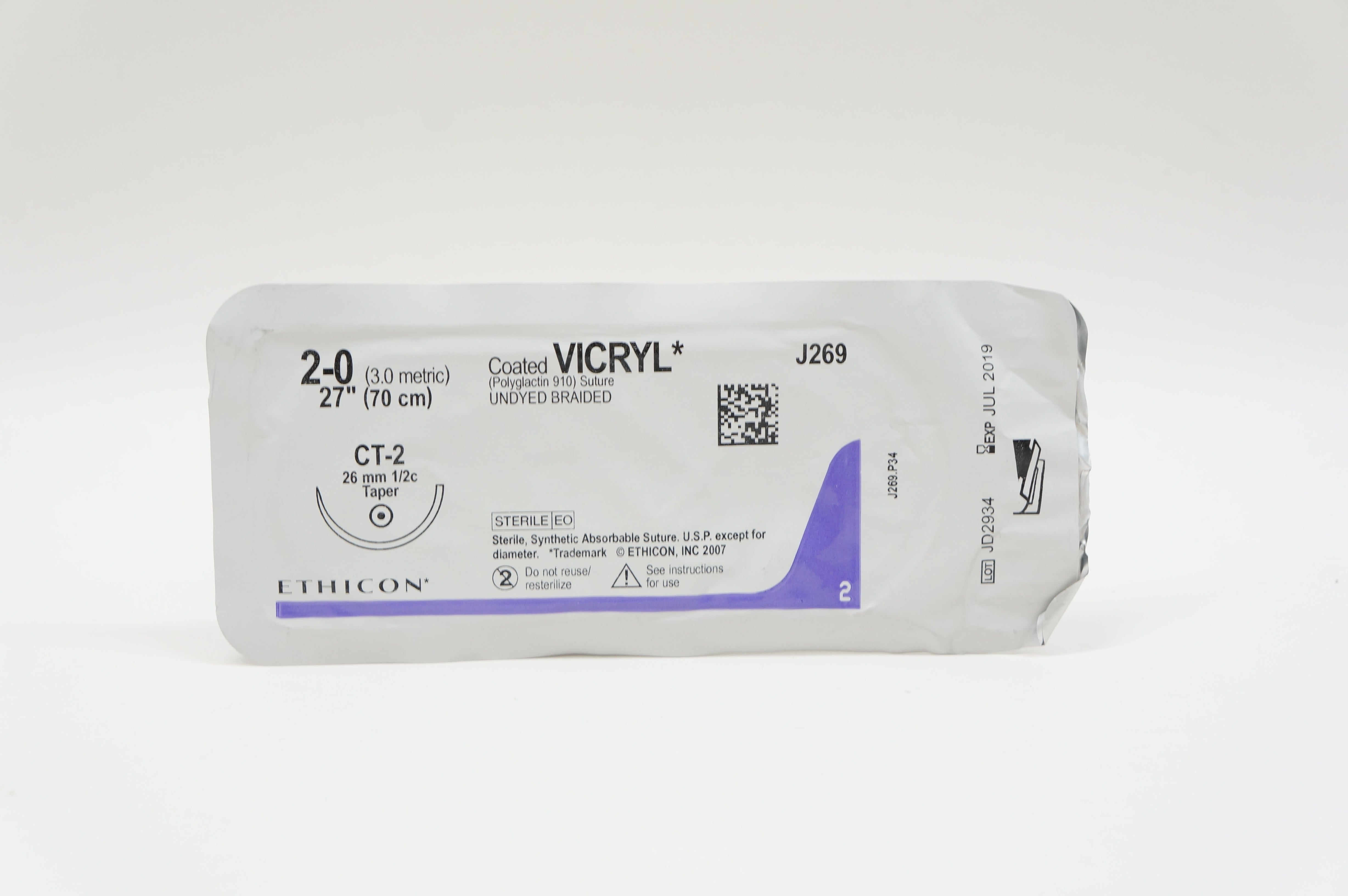 Ethicon J269 2-0 VICRYL Polyglactin 910 Stre CT-2 26mm 1/2c Taper, 27inch (x)