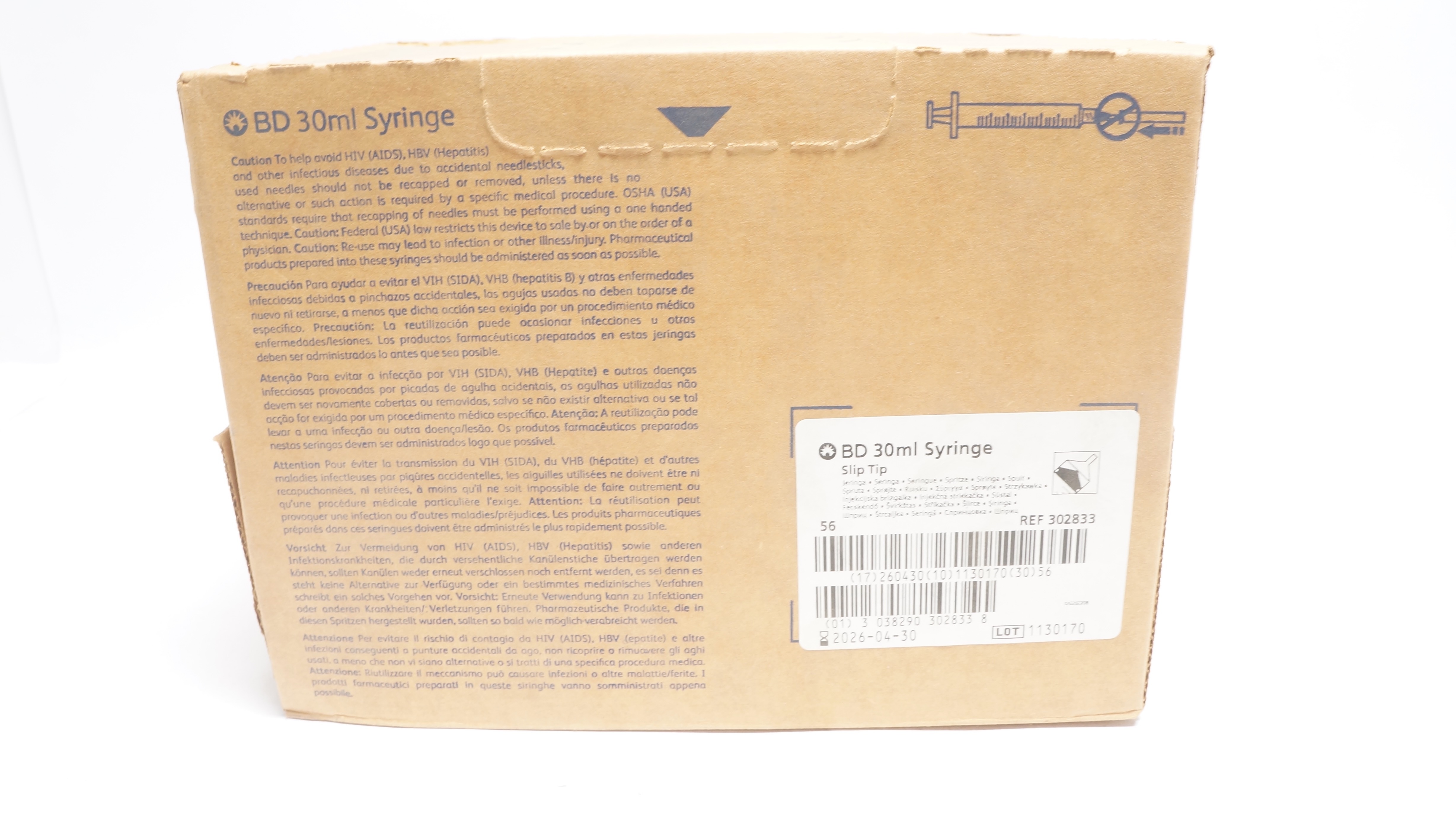 BD 302833 30 ml Syringe Slip Tip - Box of 56 (x)
