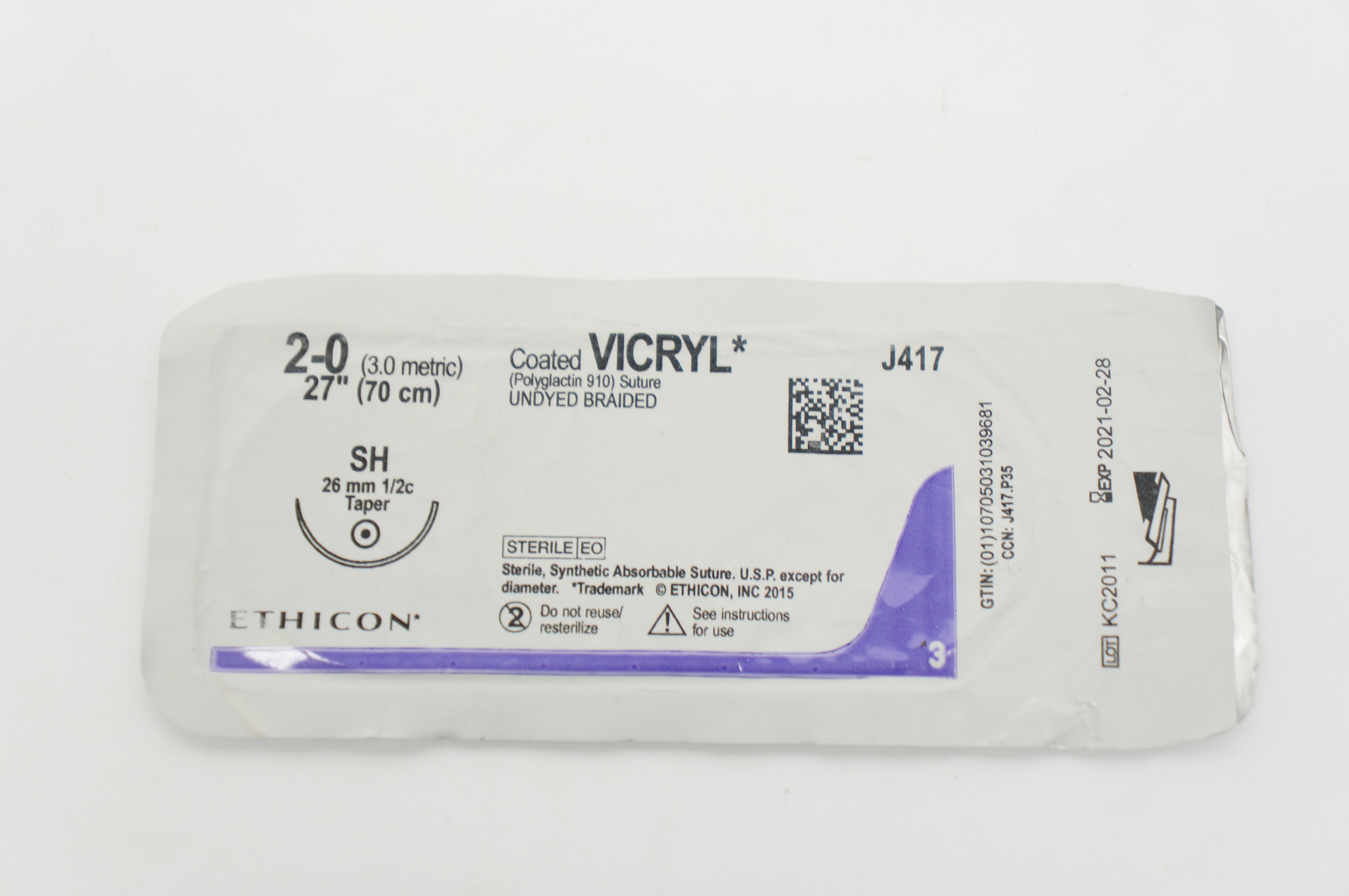 Ethicon J417 2-0 Coated VICRYL Polyglactin 910 Stre SH 26mm 1/2c Taper 27inch(x)