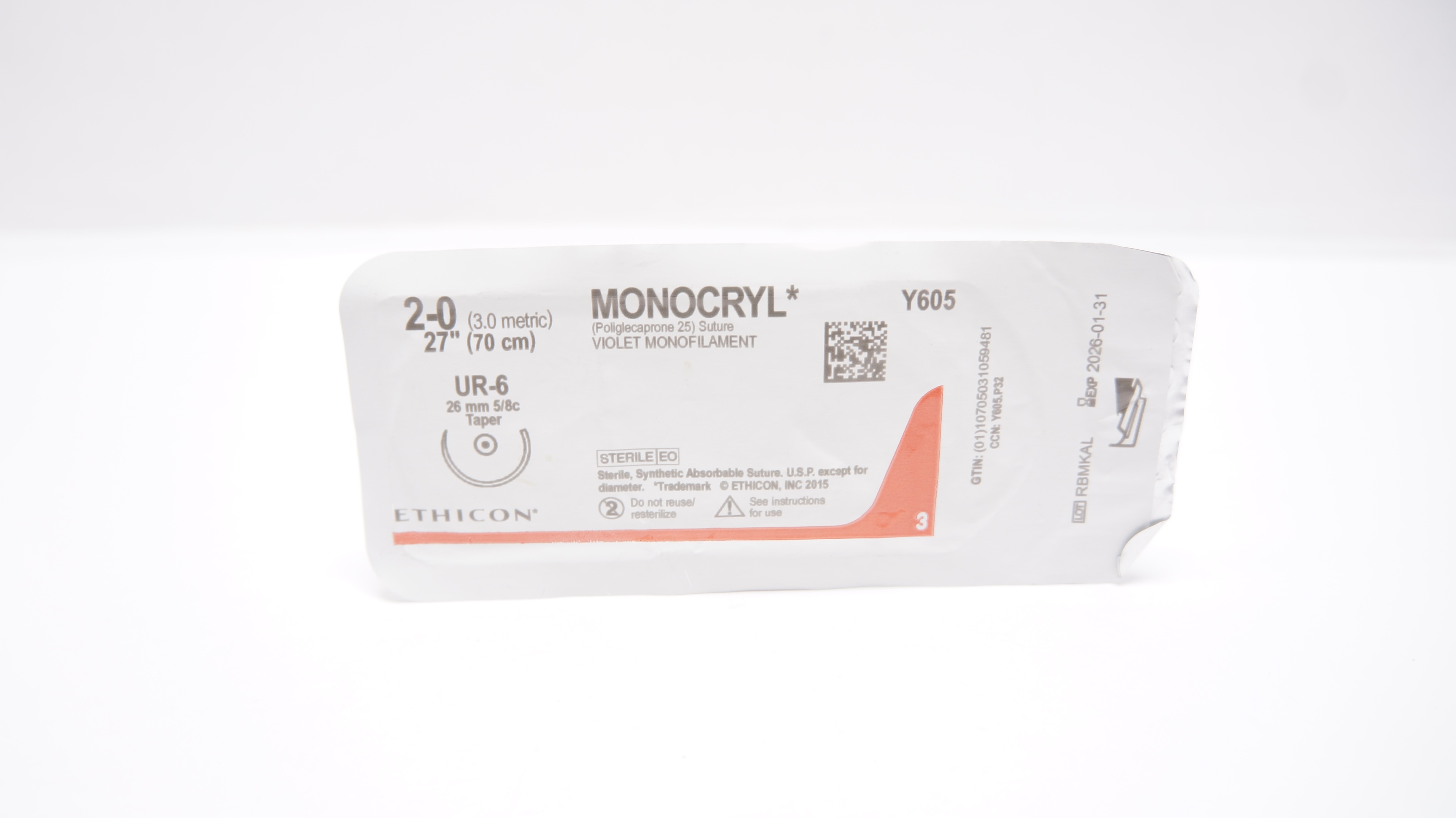 Ethicon Y605 2-0 MONOCRYL Violet Monofilament, UR-6, 26mm 5/8c Taper, 27inch