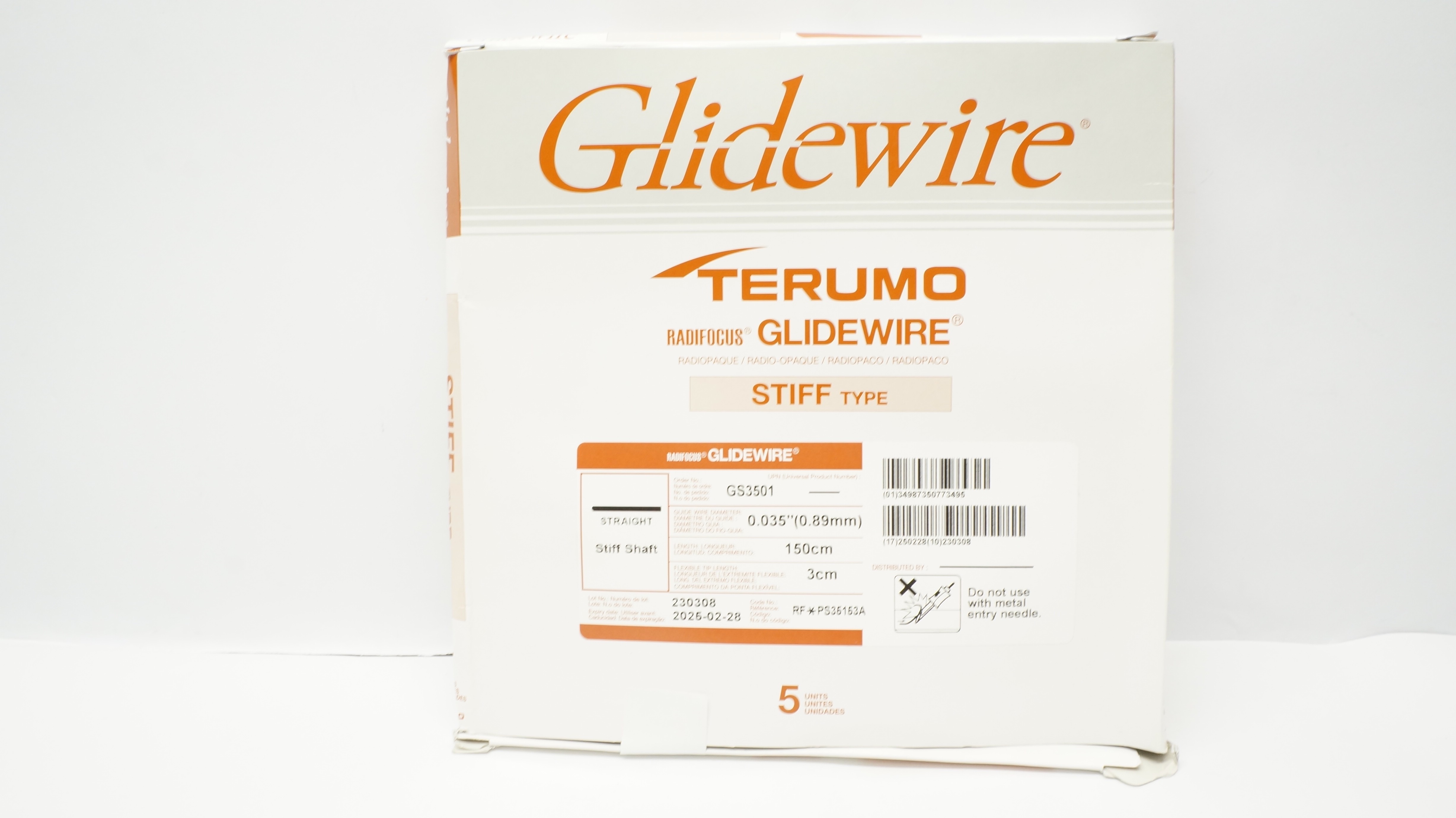 Terumo PS35153A Radifocus Glidewire Stiff Type 0.035inch x 150cm x 3cm -Box of 5