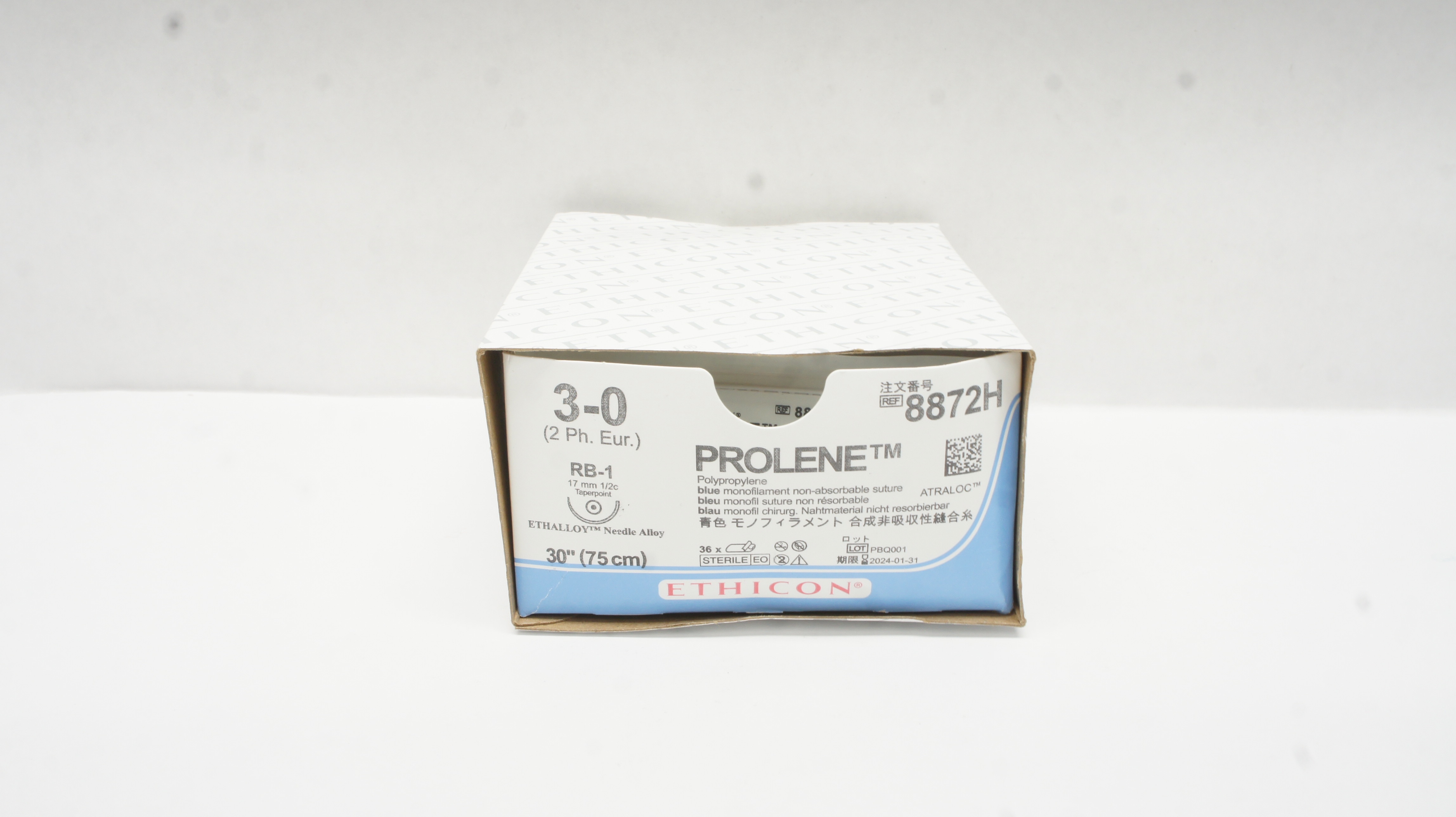Ethicon 8872H 3-0 Prolene Polyprolene RB-1 17mm 1/2c,30In - Box of 34 (x)