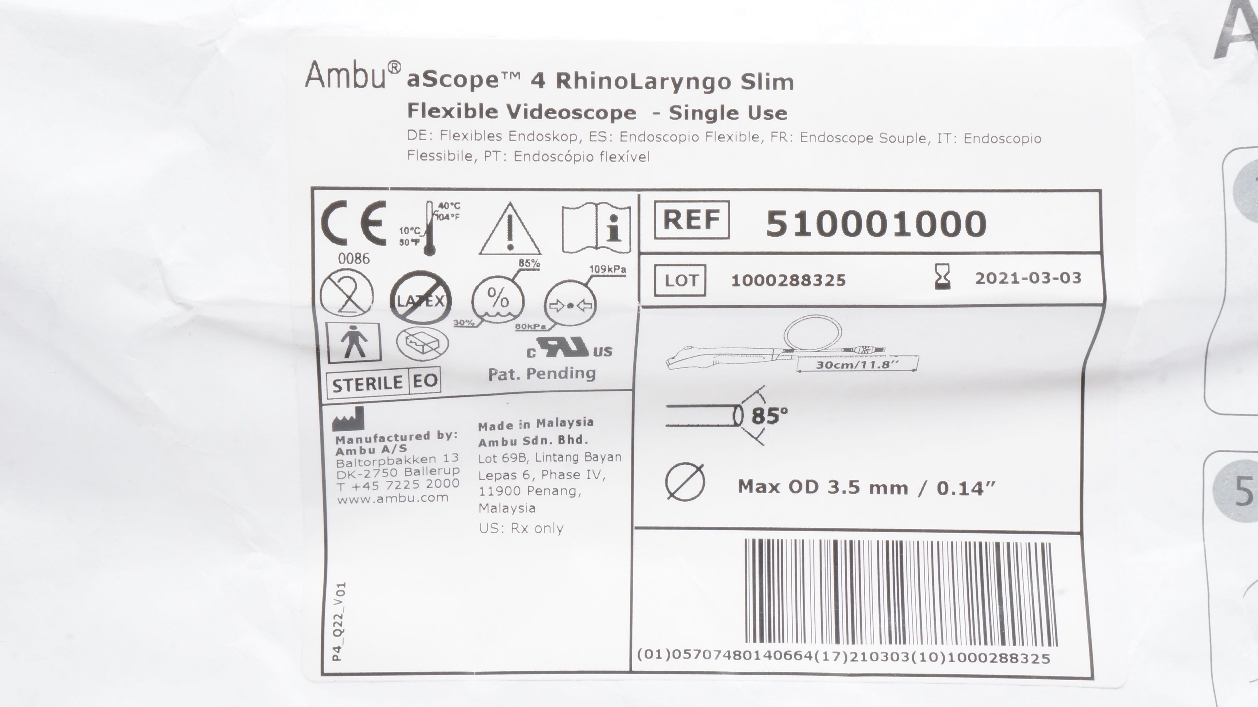 Ambu 510001000 aScope 4 RhinoLaryngo Slim Flexible Videoscope 0.14inch OD (x)