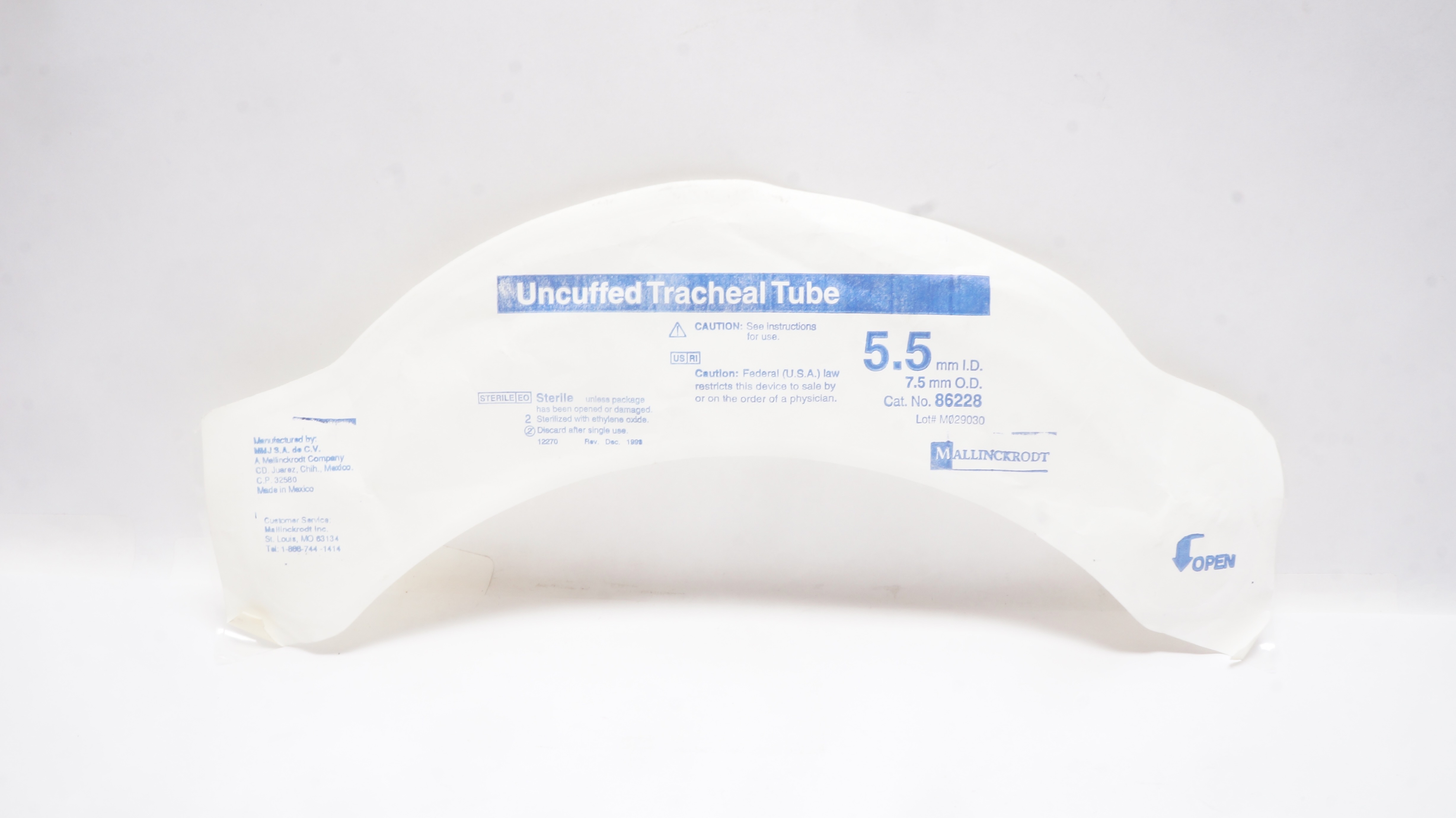 Mallinckrodt 86228 Uncuffed Tracheal Tube 5.5mm ID x 7.5mm OD