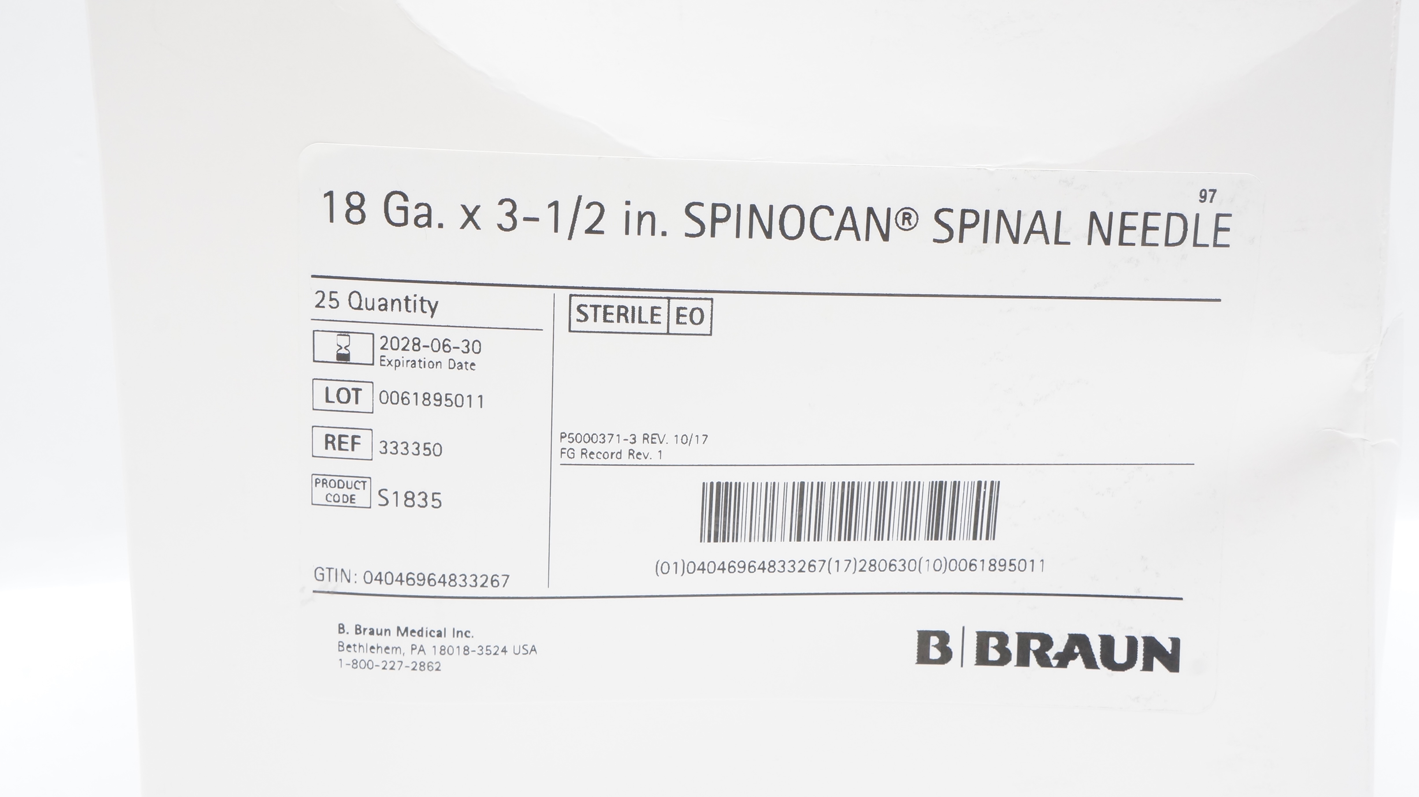 Braun 333350 Spinocan Spinal Ndle 18Ga x 3-1/2inch - Box of 25