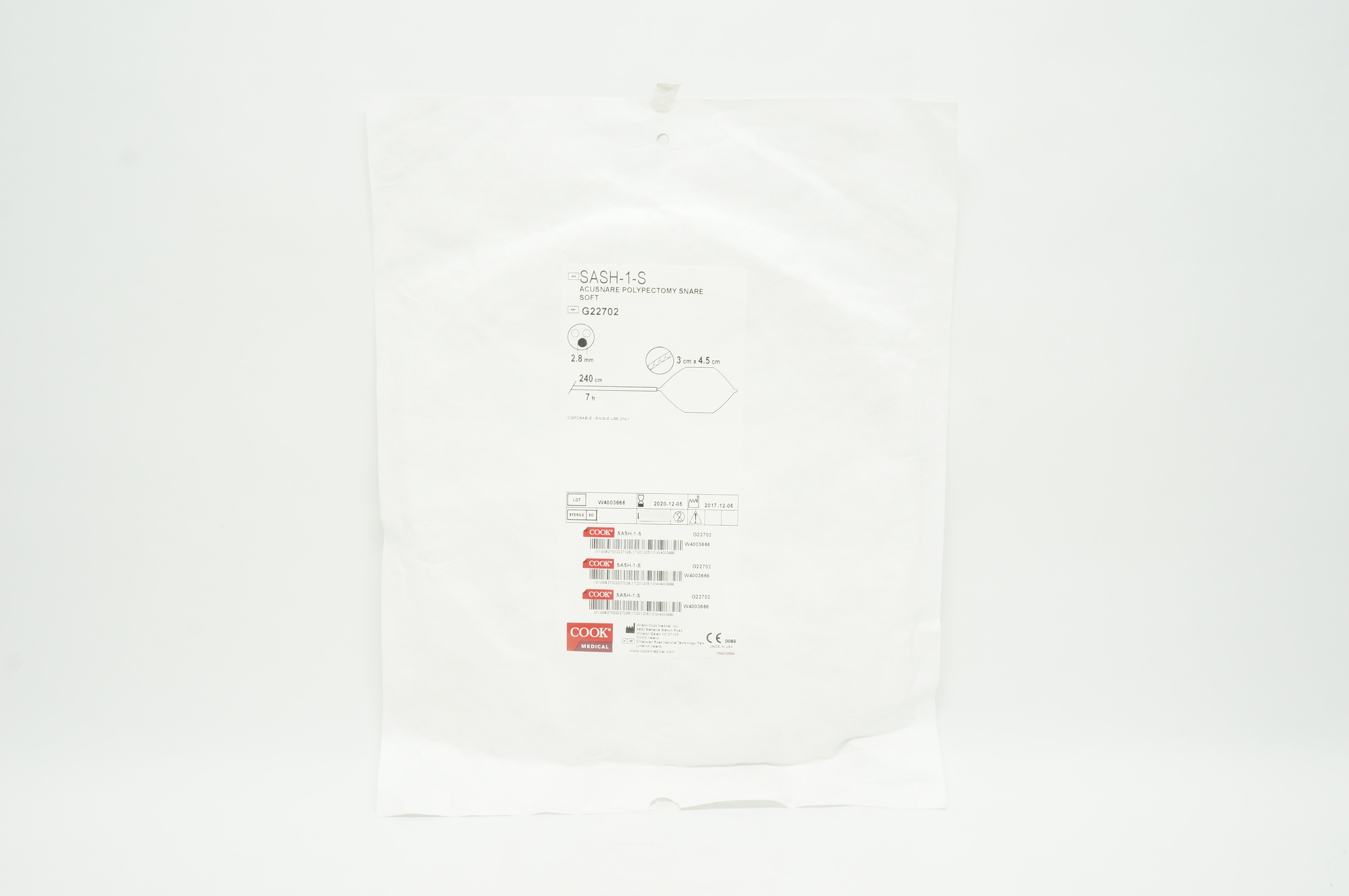 Cook Medical G22702 Acusnare Polypectomy Snare Soft 240cm x 7Fr. x 2.8mm (x)