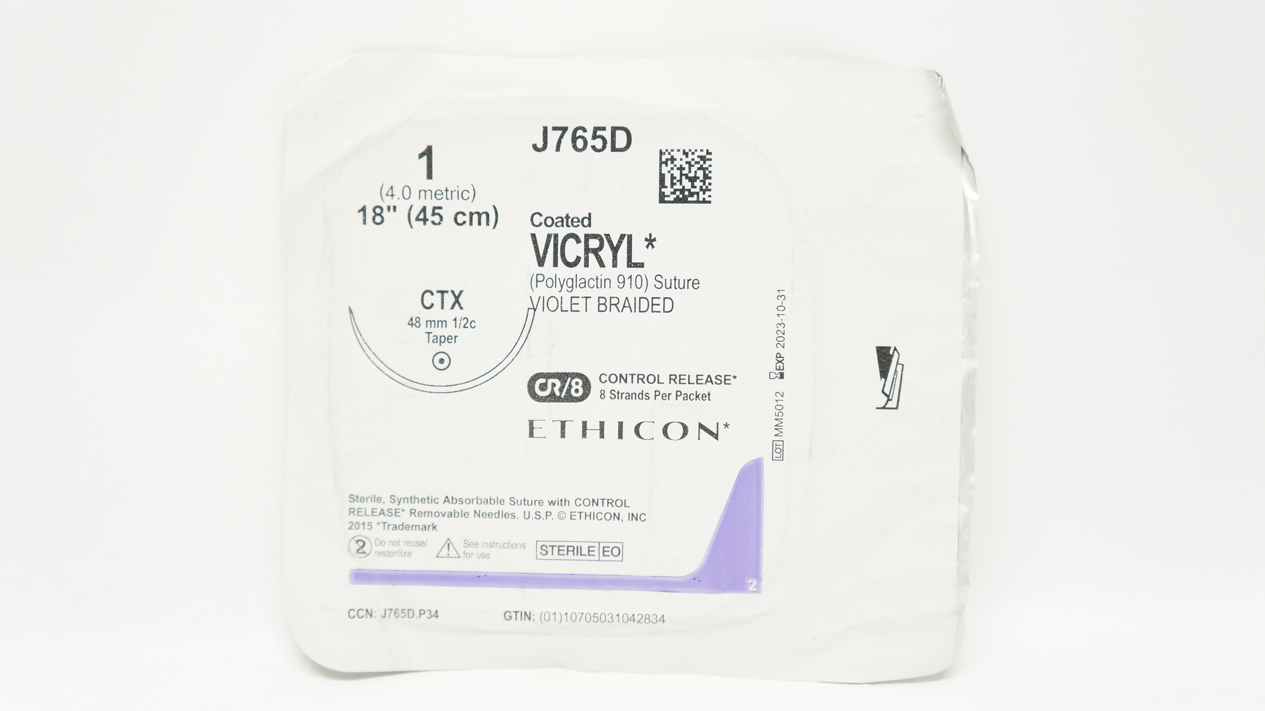 Ethicon J765D 1 Coated VICRYL Stre CTX, 48mm 1/2c Taper, 18inch