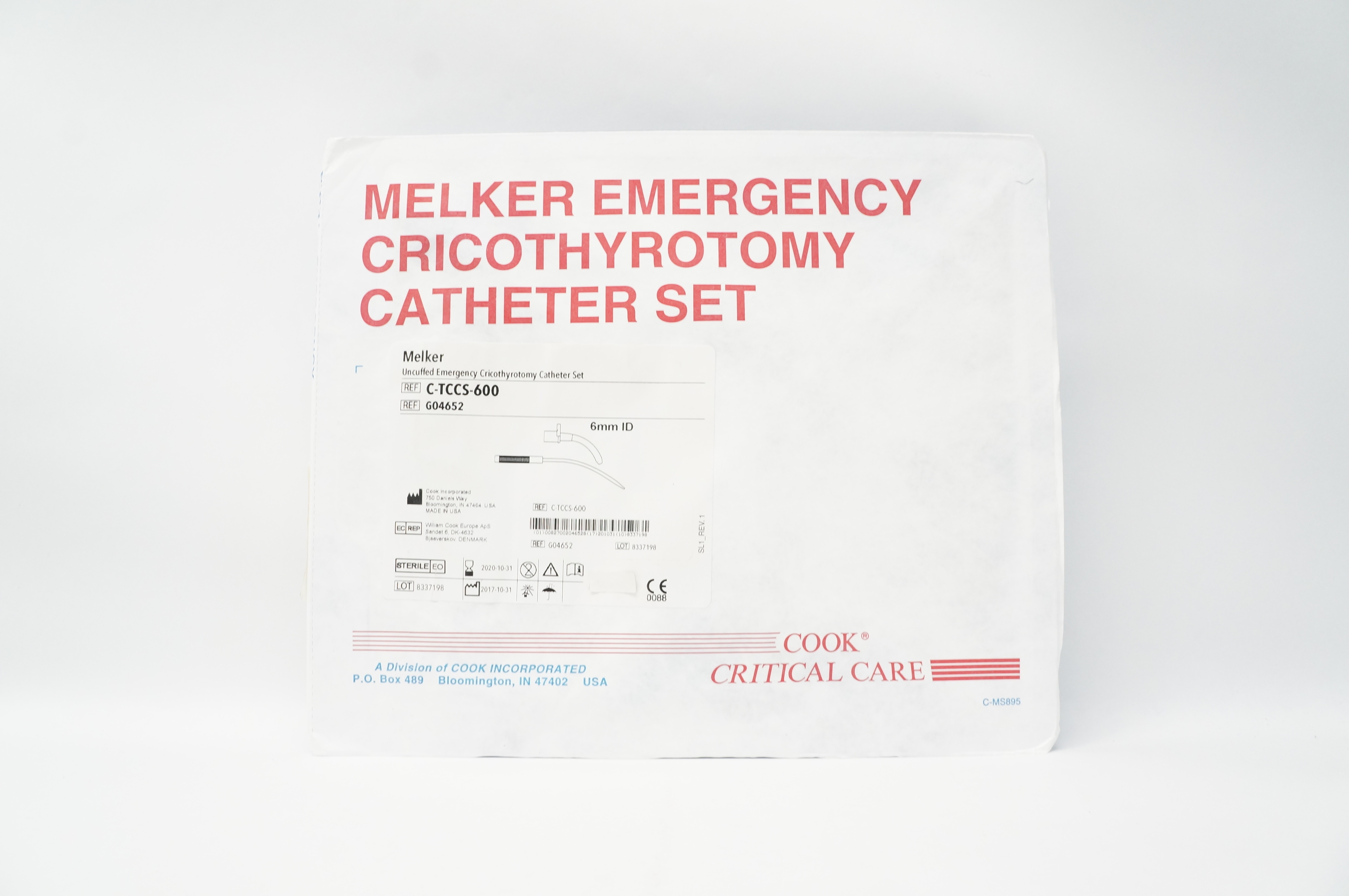 Cook Medical G04652 Melker Uncuffed Emergency Cricothyrotomy Cath. Set 6mm (x)