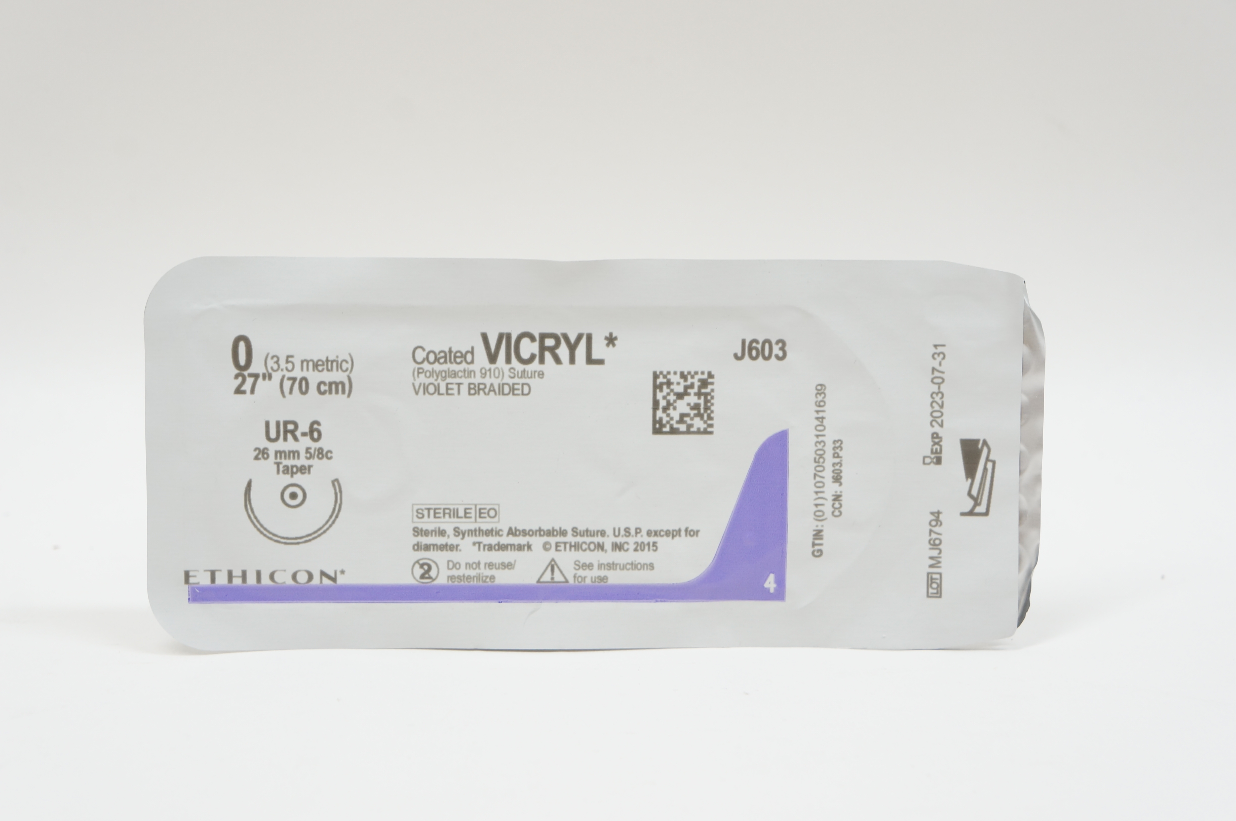 Ethicon J603 0 VICRYL, UR-6, 26mm 5/8c Taper, 27inch