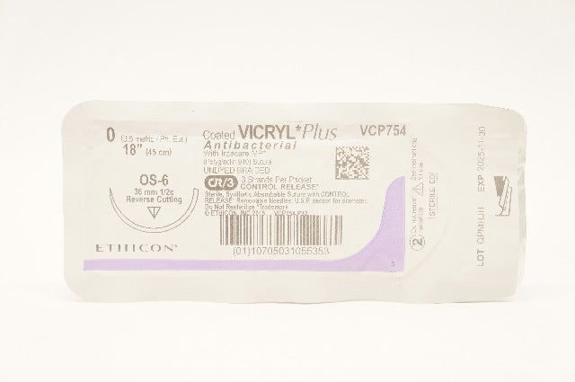 Ethicon VCP754 0 VICRYL Plus, OS-6, 36mm 1/2c Reverse Cutting, 18inch