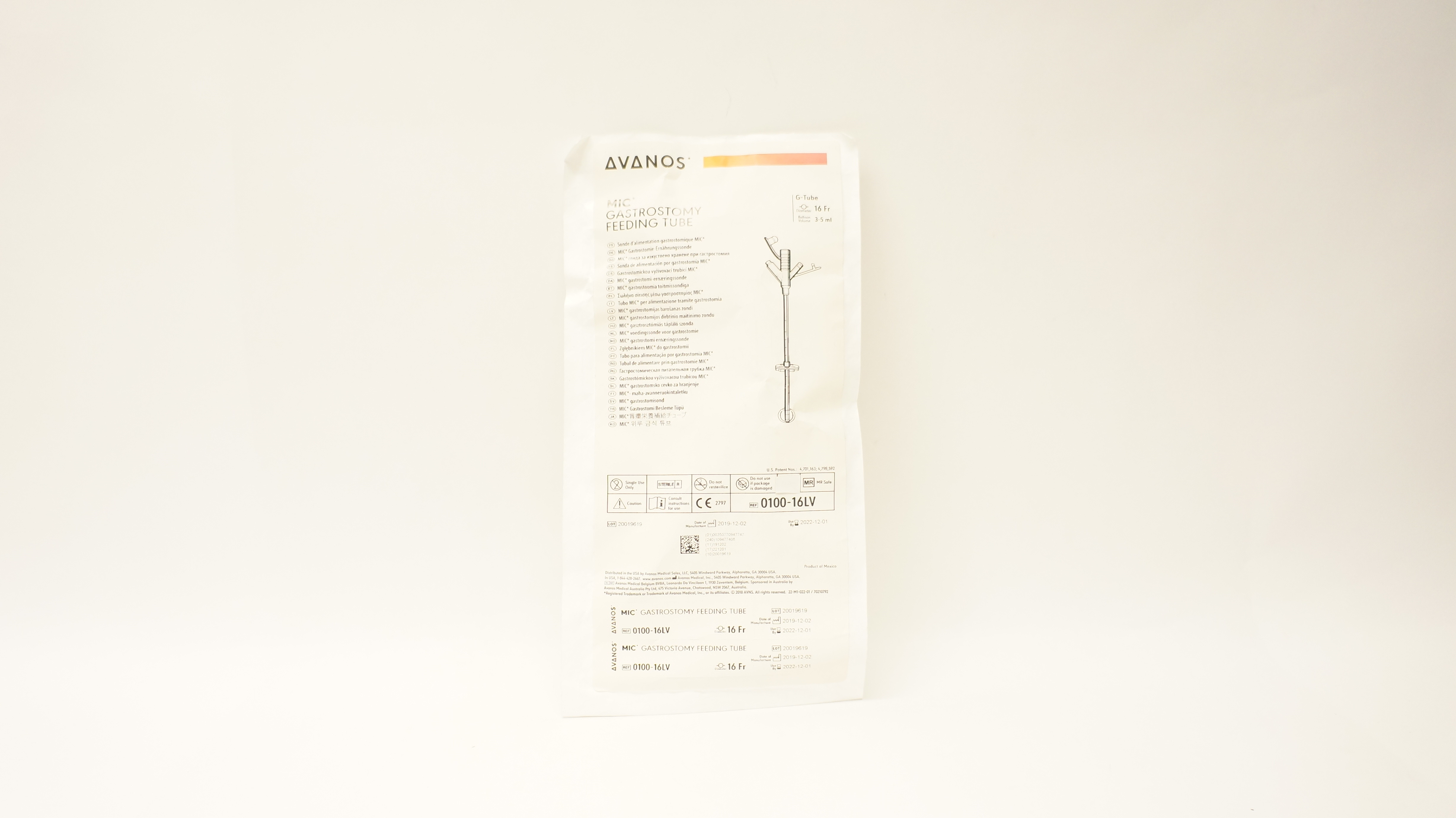 Avanos 0100-16LV MIC Gastrostomy Feeding Tube 3-5ml x 16Fr.