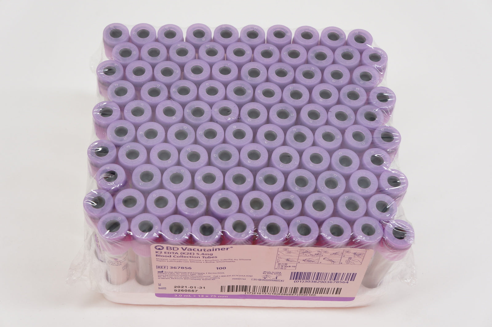 BD 367856 K2 EDTA 5.4mg Blood Collection Tubes 30mL, 13 x 75mm - Pack of 100
